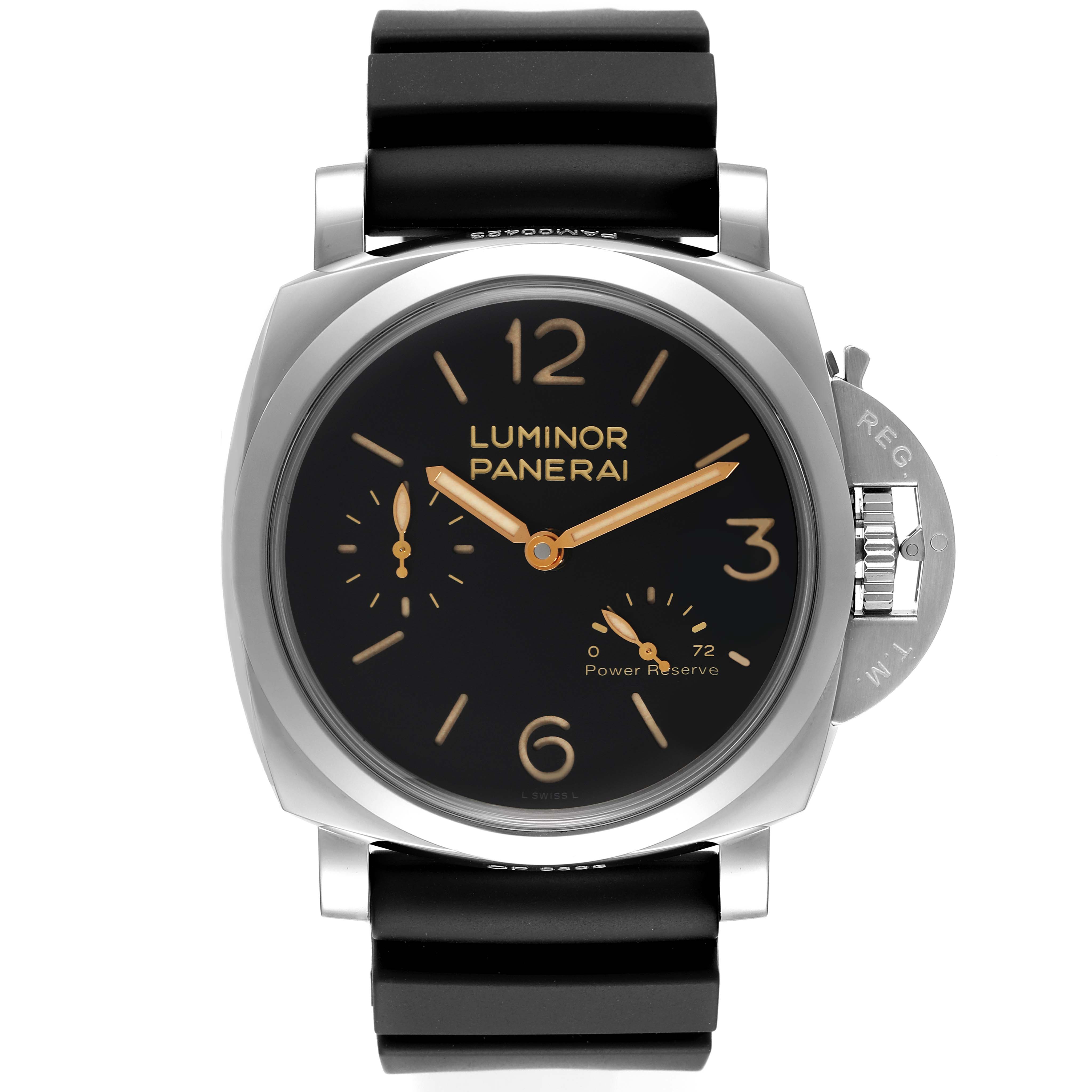 This image shows a Panerai Luminor PAM00423 Men's Stainless Steel Black Dial PAM00423 Men's Stainless Steel Black Dial watch from a top-down perspective, displaying its face, crown, and black strap.