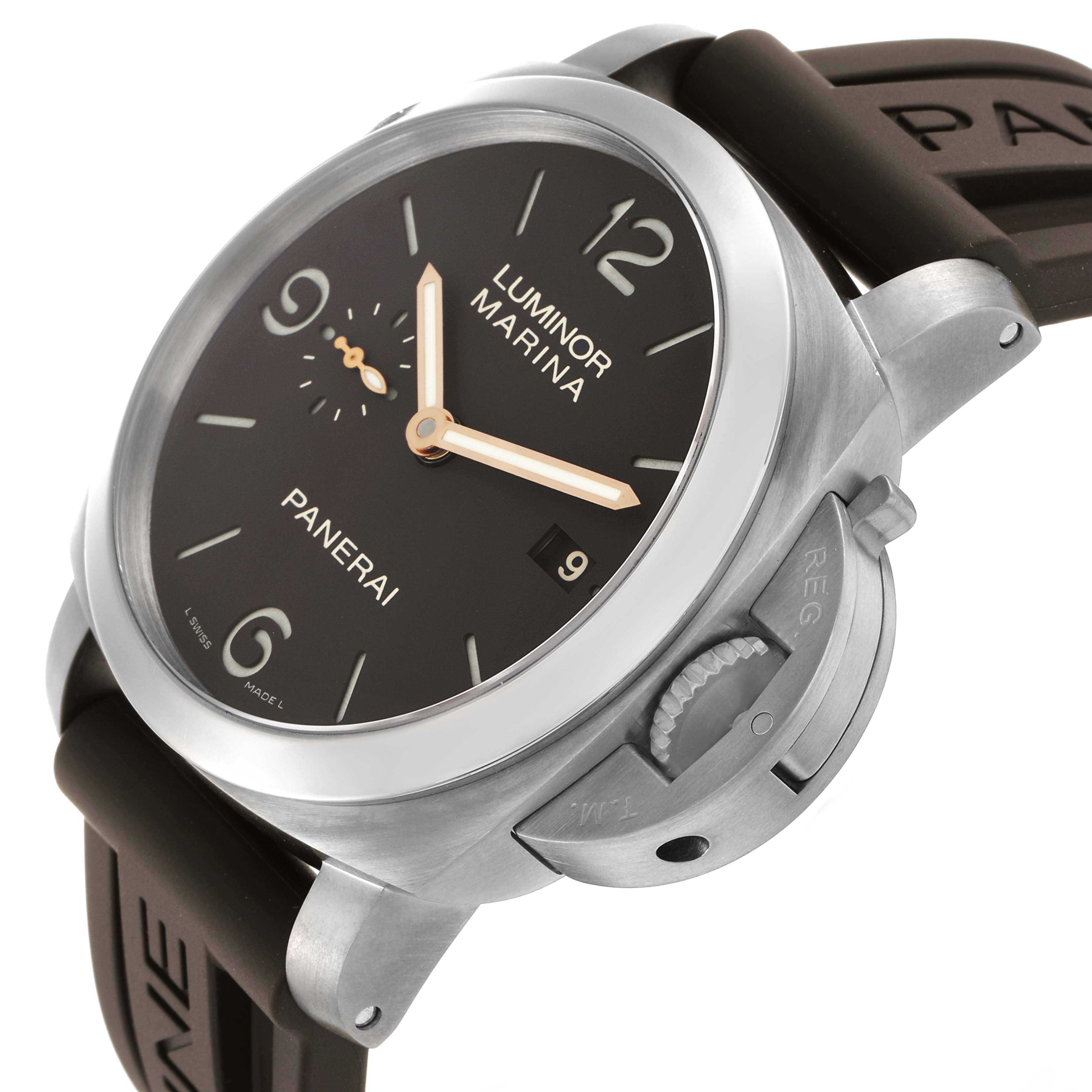 The Panerai Luminor PAM00351 Men
s Titanium Brown Dial watch is angled slightly from the side, showing the dial, crown guard, and part of the rubber strap.