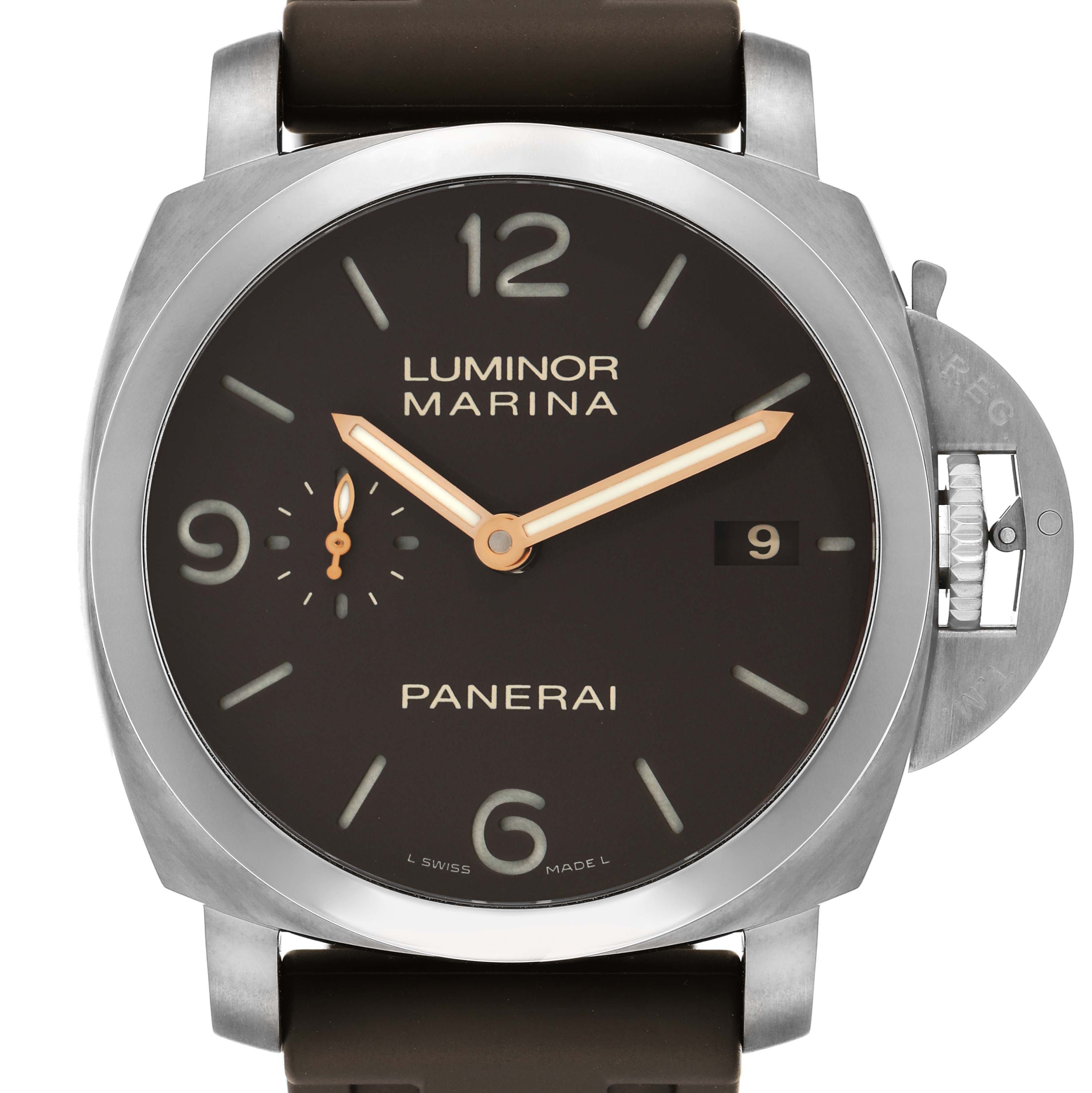 The Panerai Luminor PAM00351 Men
s Titanium Brown Dial watch is shown from the front, highlighting the dial, crown guard, and strap attachment.