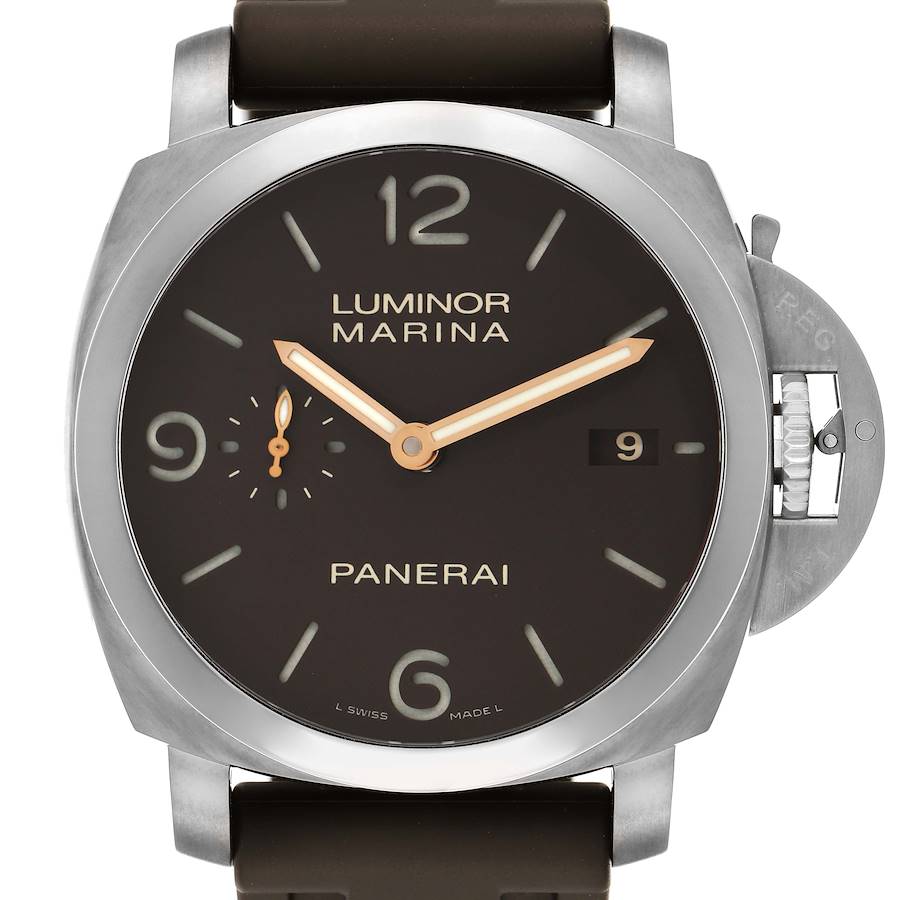 The image shows a front view of the Panerai Luminor Marina PAM00351 men
s watch, highlighting its dial, case, and crown guard.