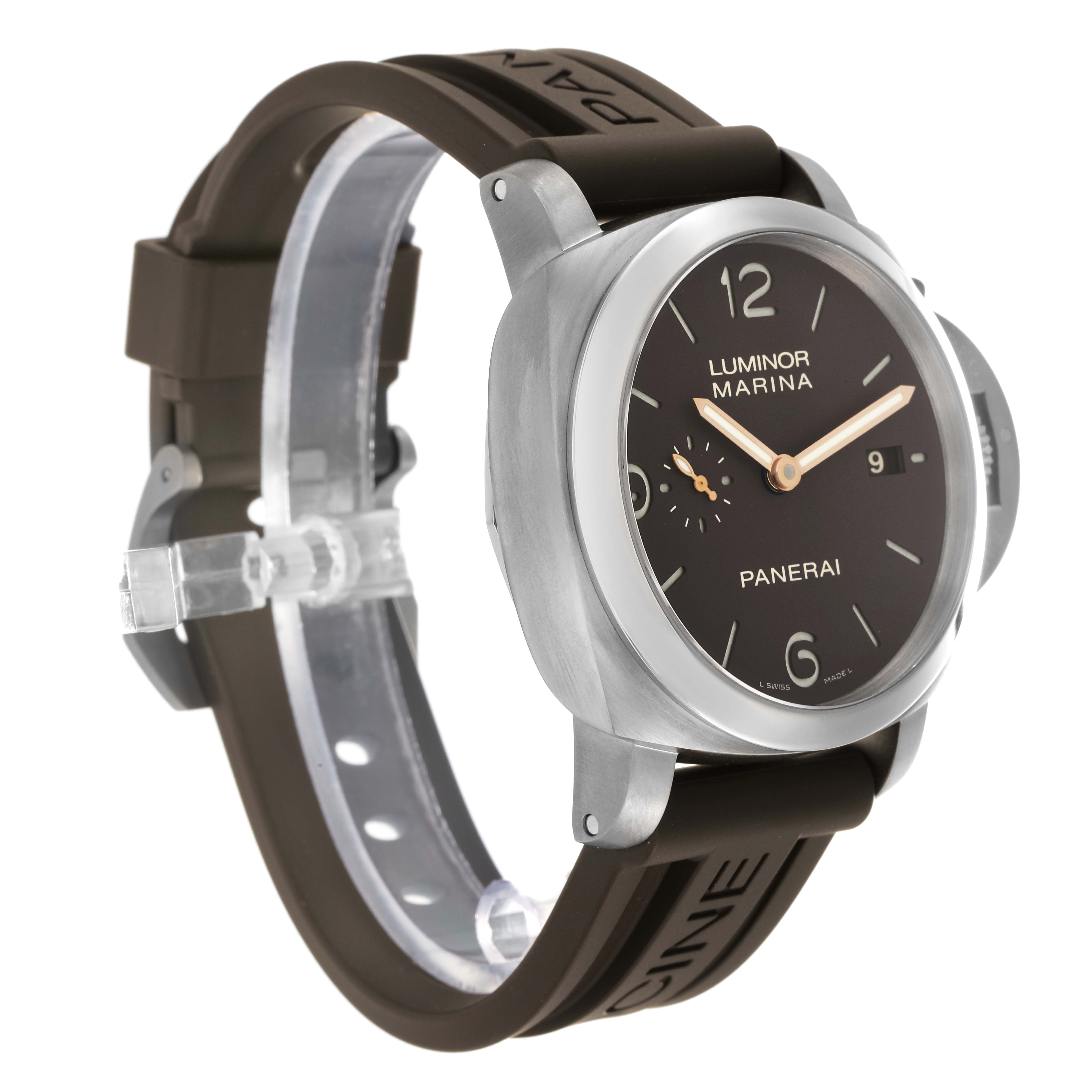 The Panerai Luminor PAM00351 Men
s Titanium Brown Dial watch is shown at a three-quarter angle, highlighting the face, case, and rubber strap.