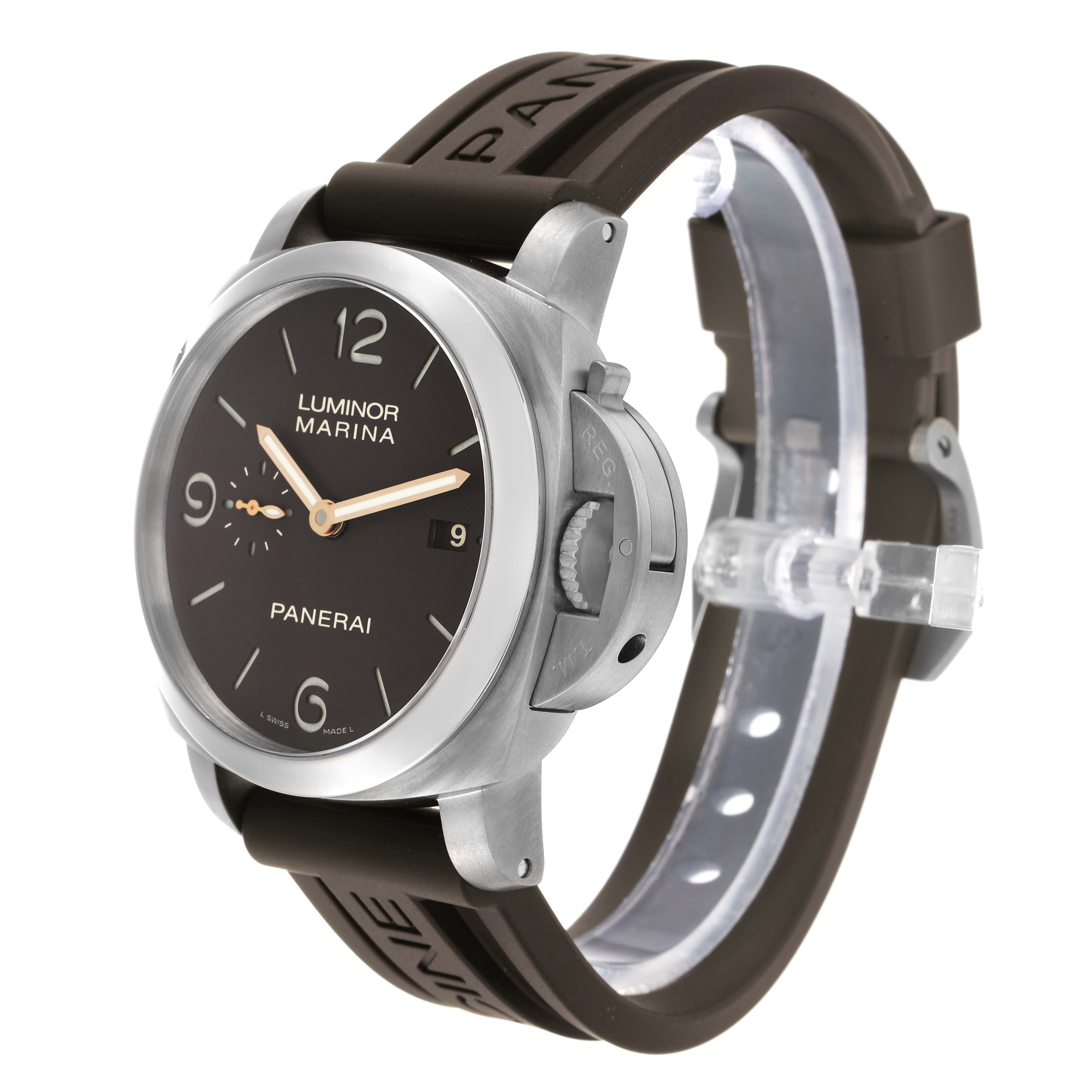 The Panerai Luminor PAM00351 Men
s Titanium Brown Dial watch is shown from a front and side angle, displaying the face, crown guard, and rubber strap.