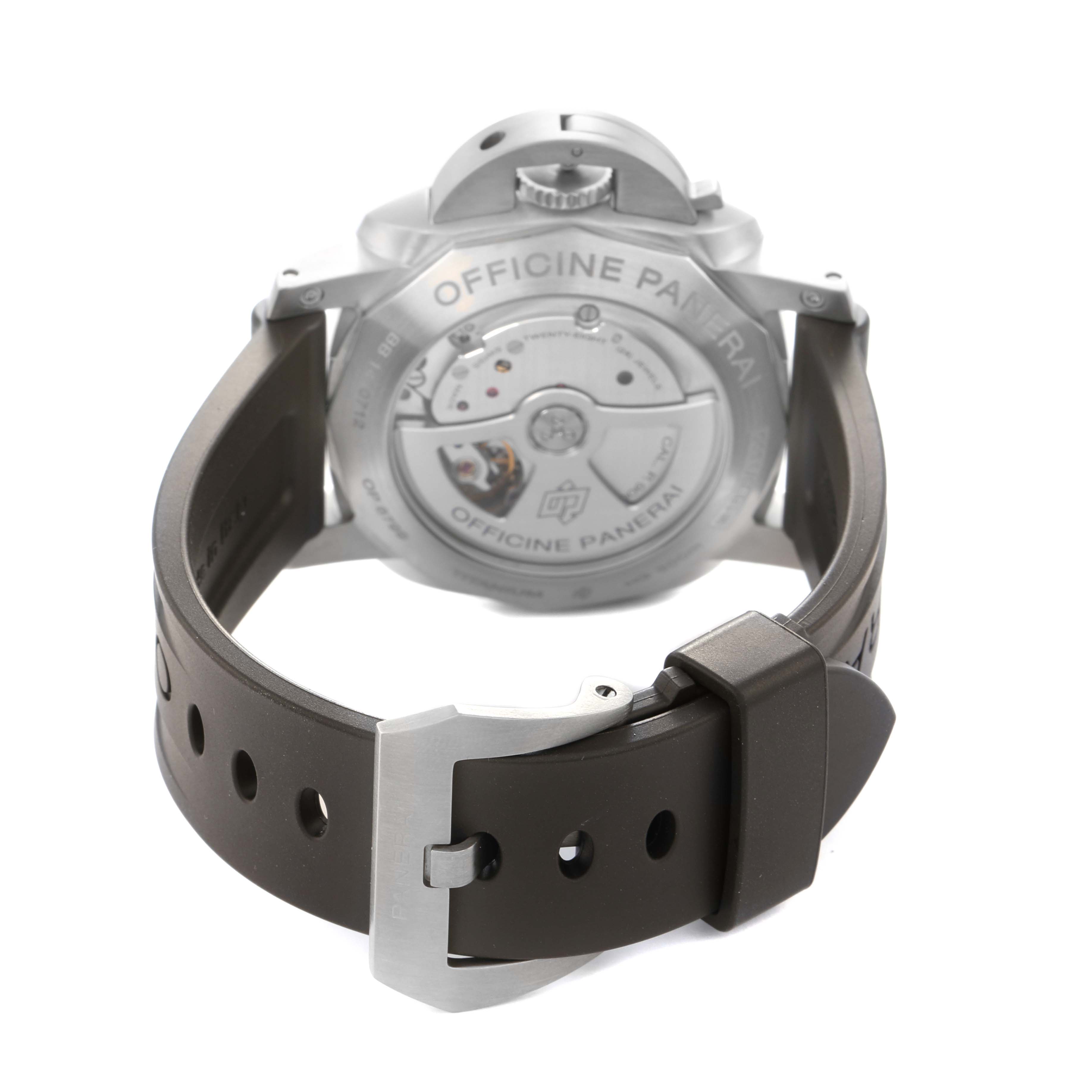 The image shows the back of the Panerai Luminor PAM00351 Men
s Titanium Brown Dial watch, highlighting the caseback and black rubber strap with a buckle.