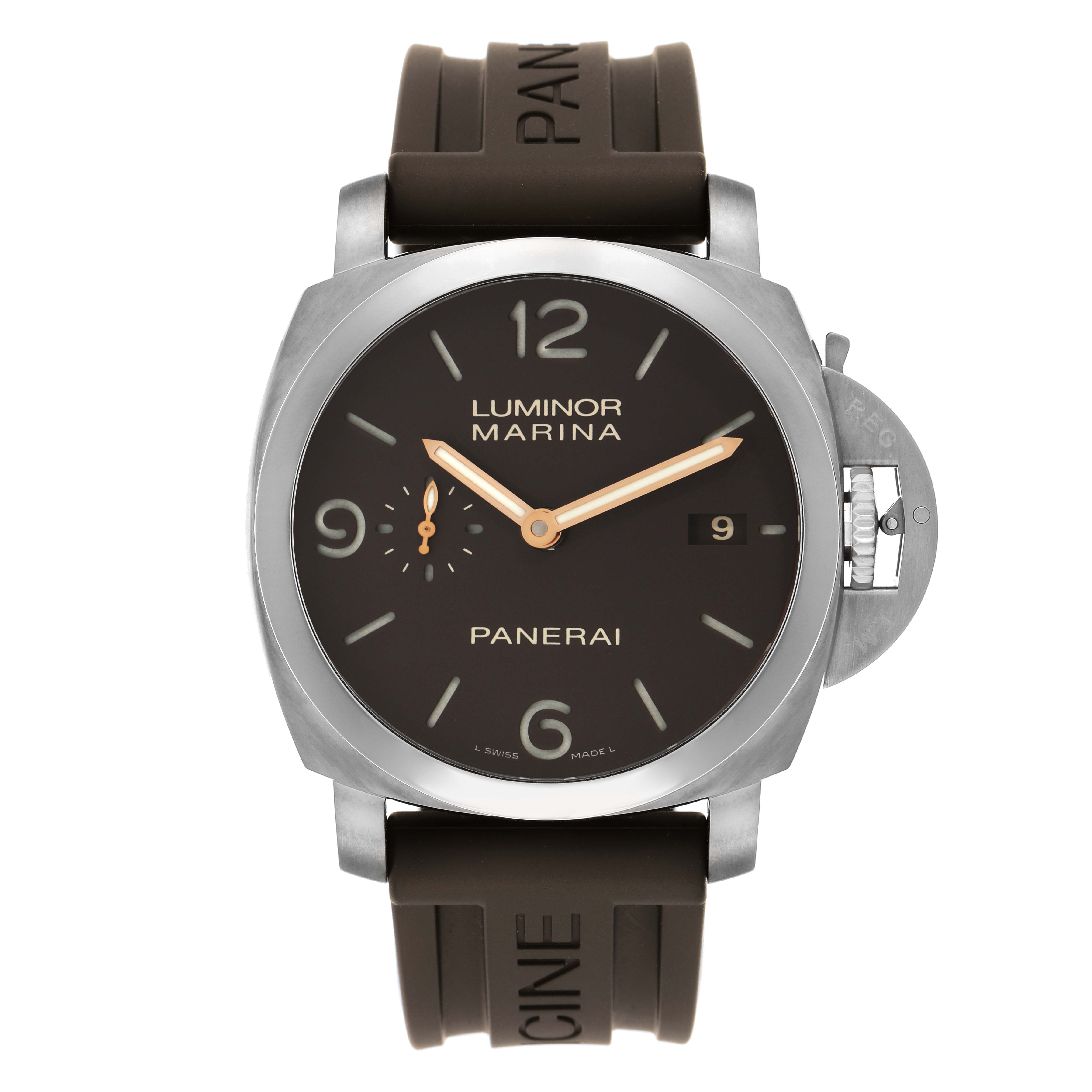 The Panerai Luminor PAM00351 Men
s Titanium Brown Dial watch is shown from a front angle, highlighting its dial, crown guard, and strap.