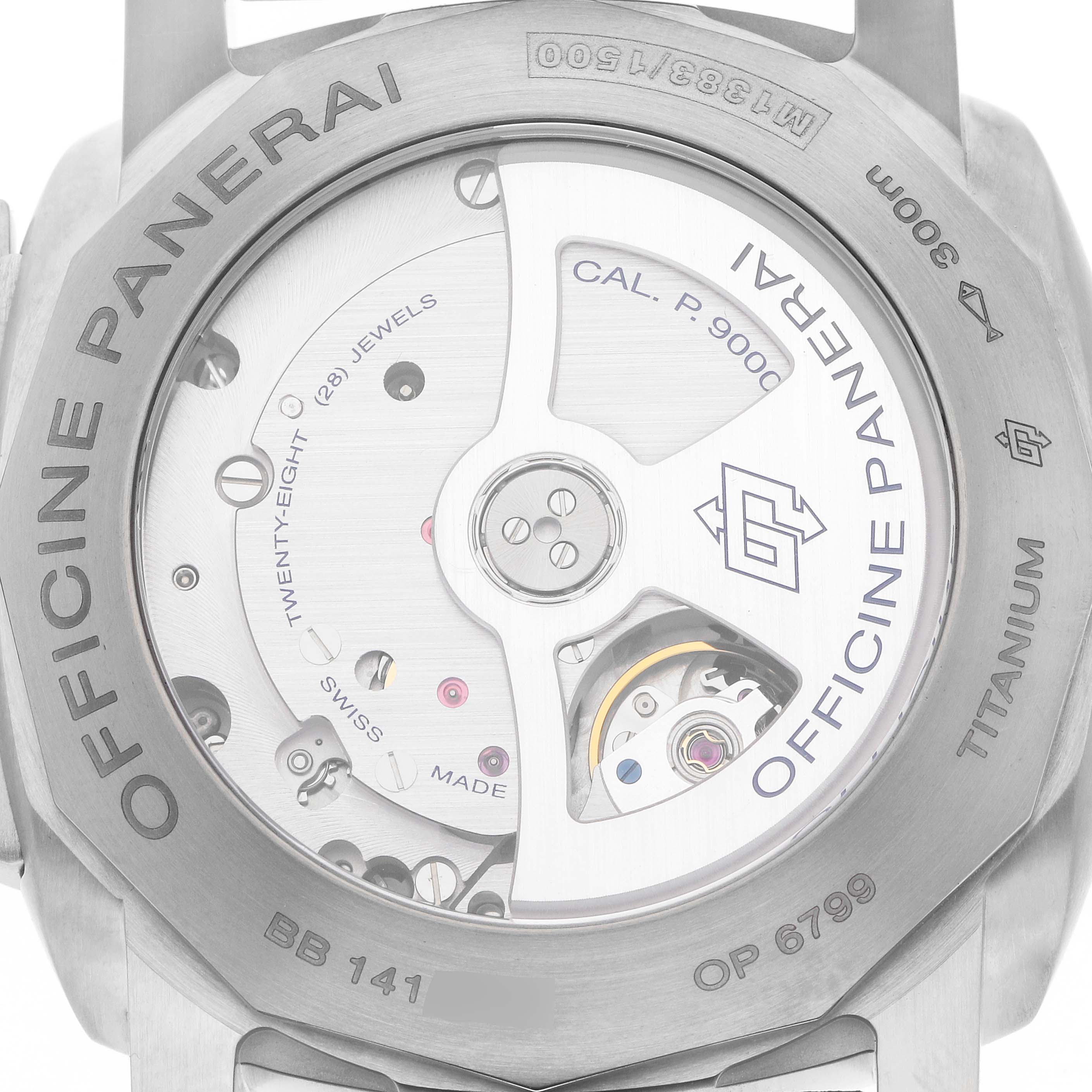 The image shows the movement of a Panerai Luminor PAM00351 Men
s Titanium Brown Dial watch, viewed from the back, highlighting the mechanical components and engravings.