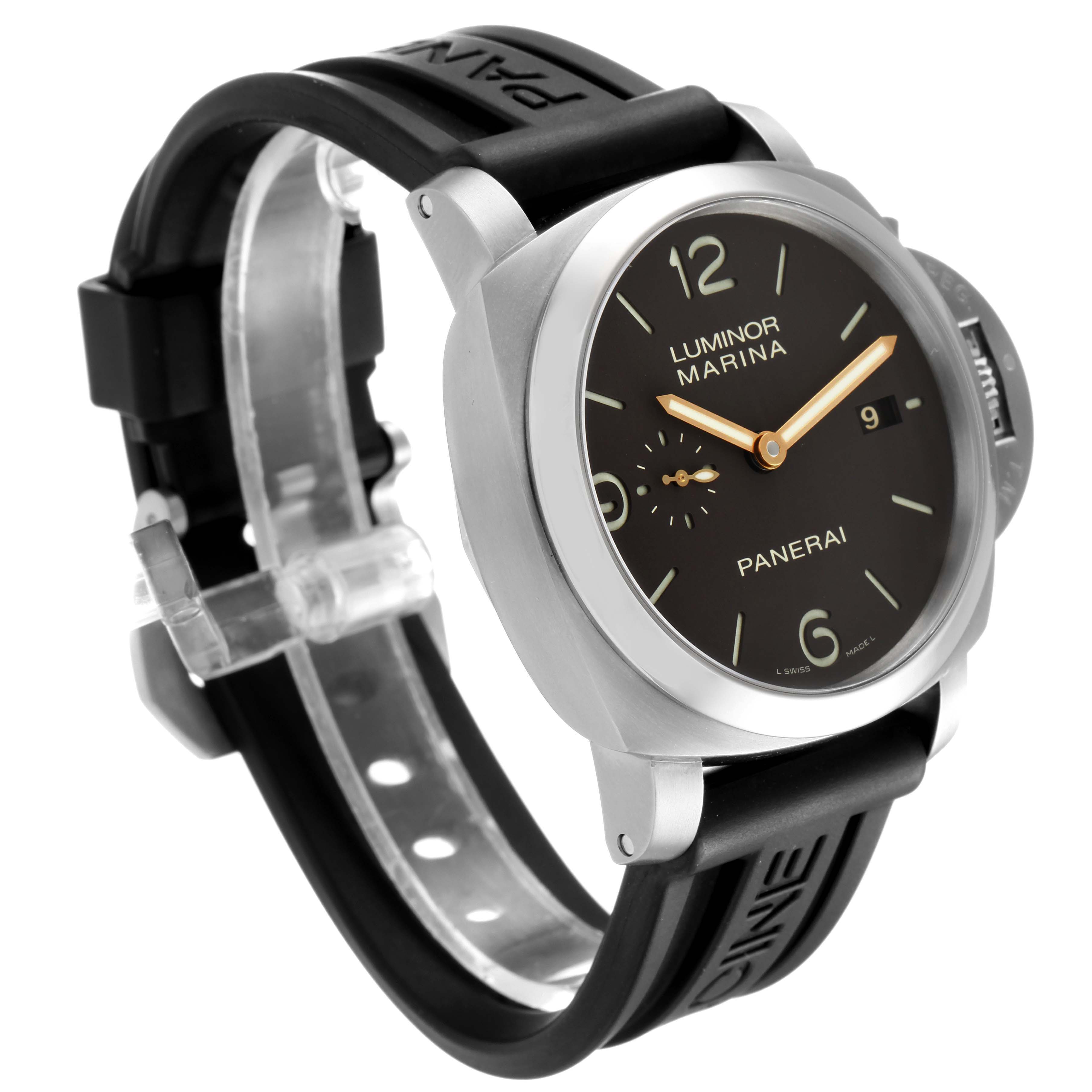 The image shows a Panerai Luminor PAM00351 Men's Titanium Black Dial PAM00351 Men's Titanium Black Dial Marina watch from an angle showcasing the face, case, and rubber strap with markings.