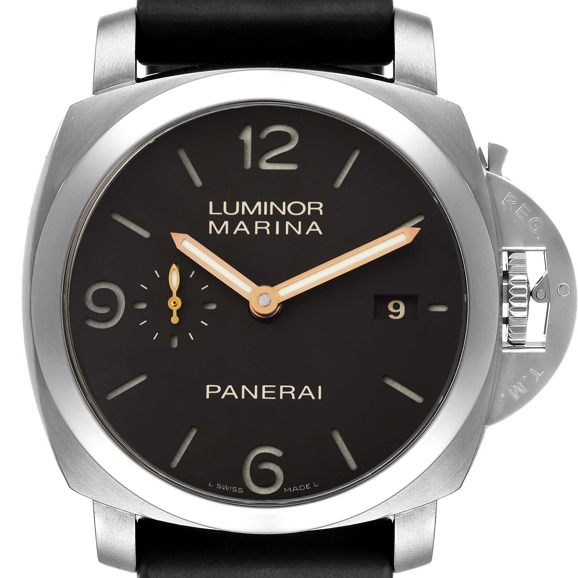 This is a front view of a Panerai Luminor PAM00351 Men's Titanium Black Dial PAM00351 Men's Titanium Black Dial watch showing the dial, hands, date window, and crown guard.