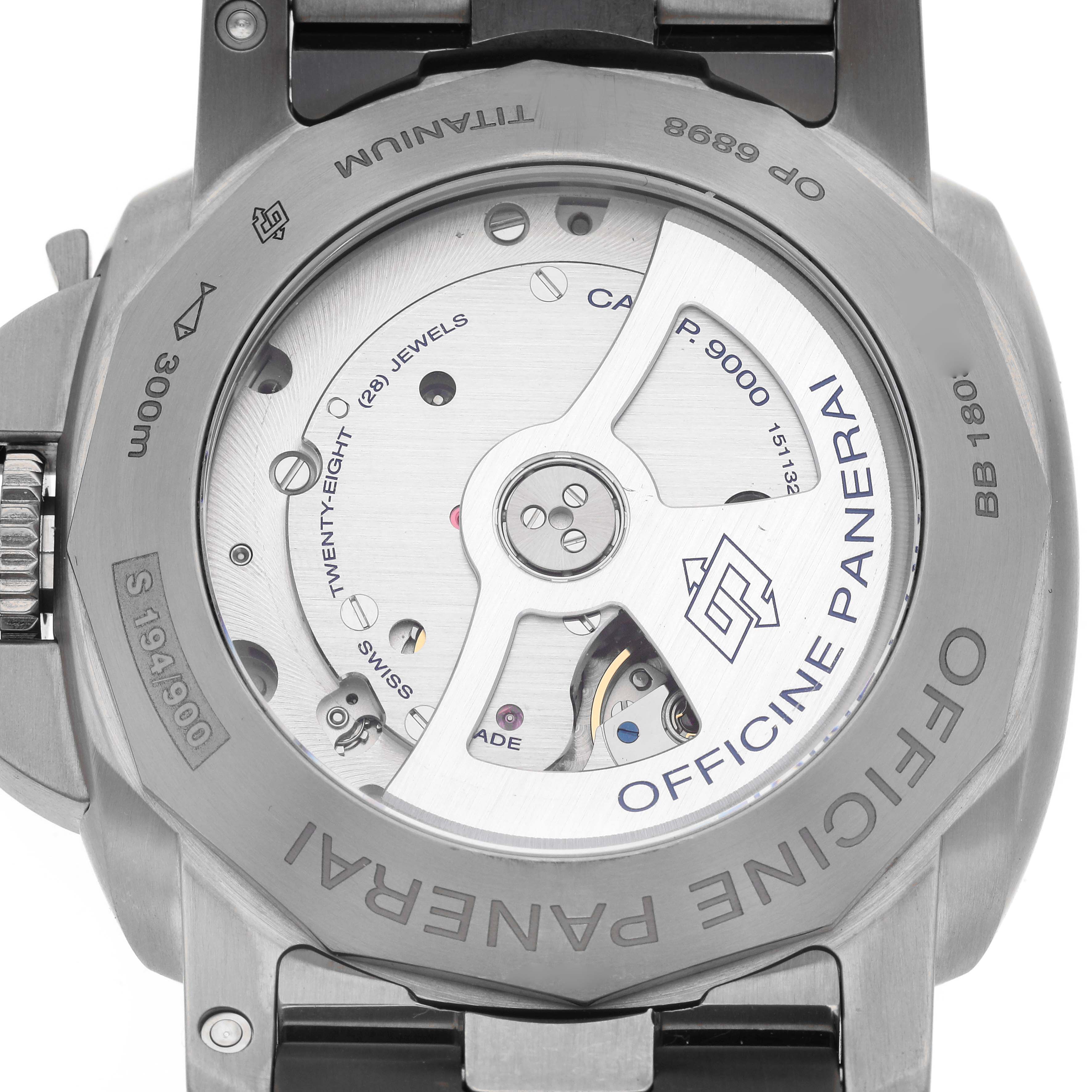 This image shows the back view of a Panerai Luminor PAM00352 Men
s Titanium Brown Dial PAM00352 Men
s Titanium Brown Dial watch, highlighting the titanium case and internal movement.