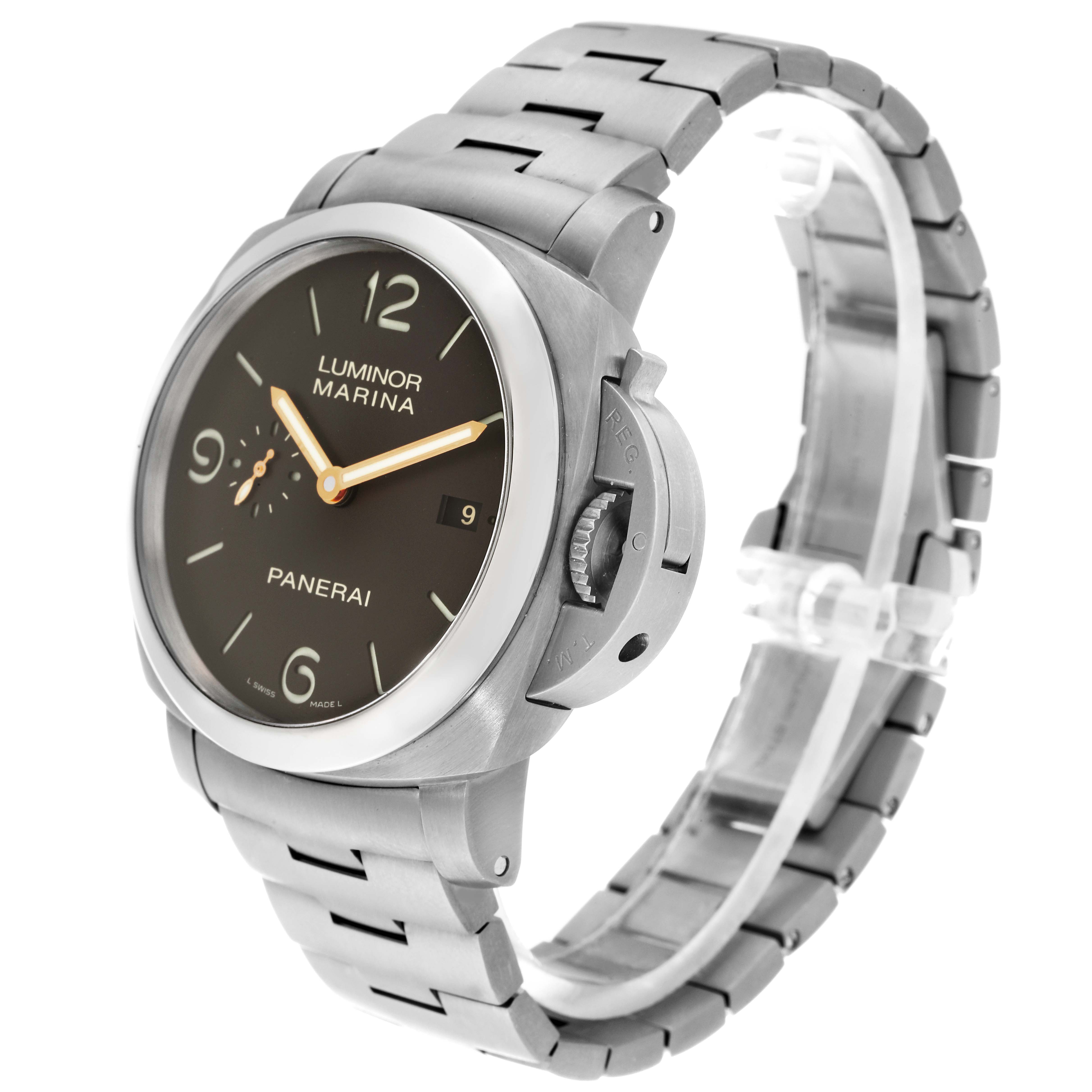 The image shows the Panerai Luminor PAM00352 Men
s Titanium Brown Dial PAM00352 Men
s Titanium Brown Dial Marina watch, angled to display the face, crown guard, and metal bracelet.