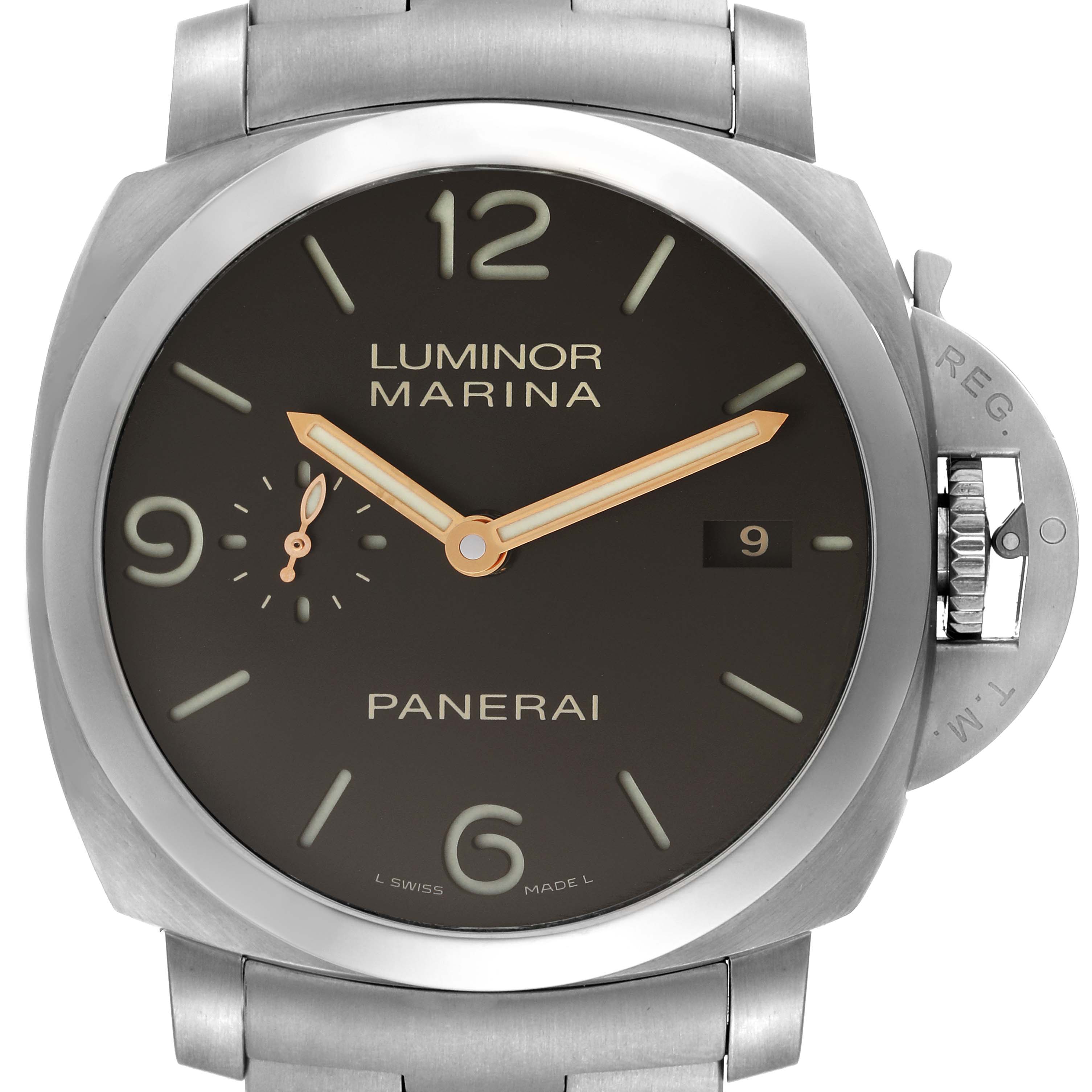 This image shows a front view of the Panerai Luminor PAM00352 Men
s Titanium Brown Dial PAM00352 Men
s Titanium Brown Dial Marina watch, highlighting its dial, hands, and crown guard.