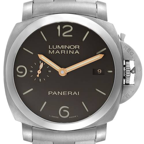 This image shows a front view of the Panerai Luminor Marina watch, highlighting the dial, hands, date window, and crown protector.