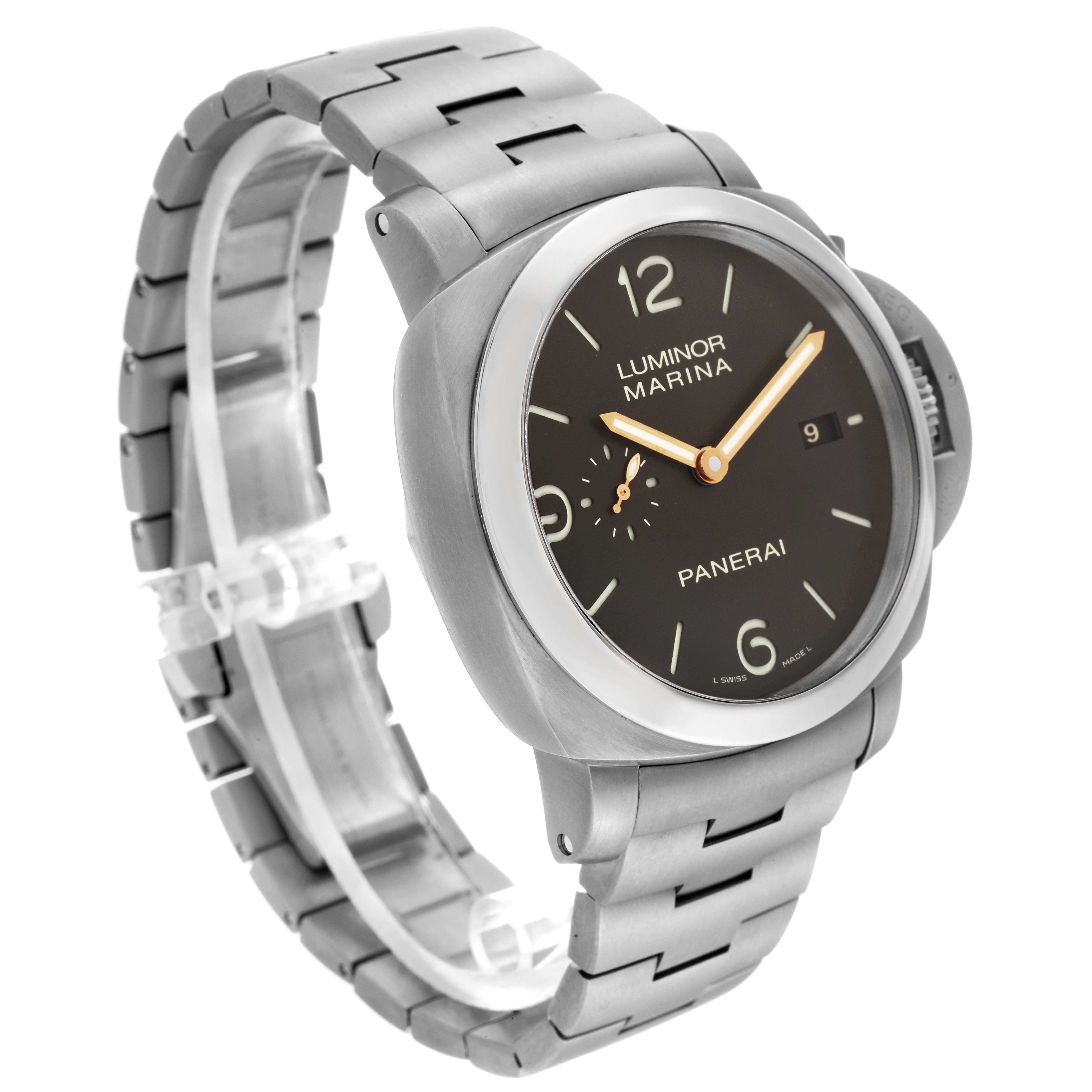 This image shows a Panerai Luminor PAM00352 Men
s Titanium Brown Dial PAM00352 Men
s Titanium Brown Dial Marina watch at an angled side view, highlighting its steel bracelet, dial, and case.