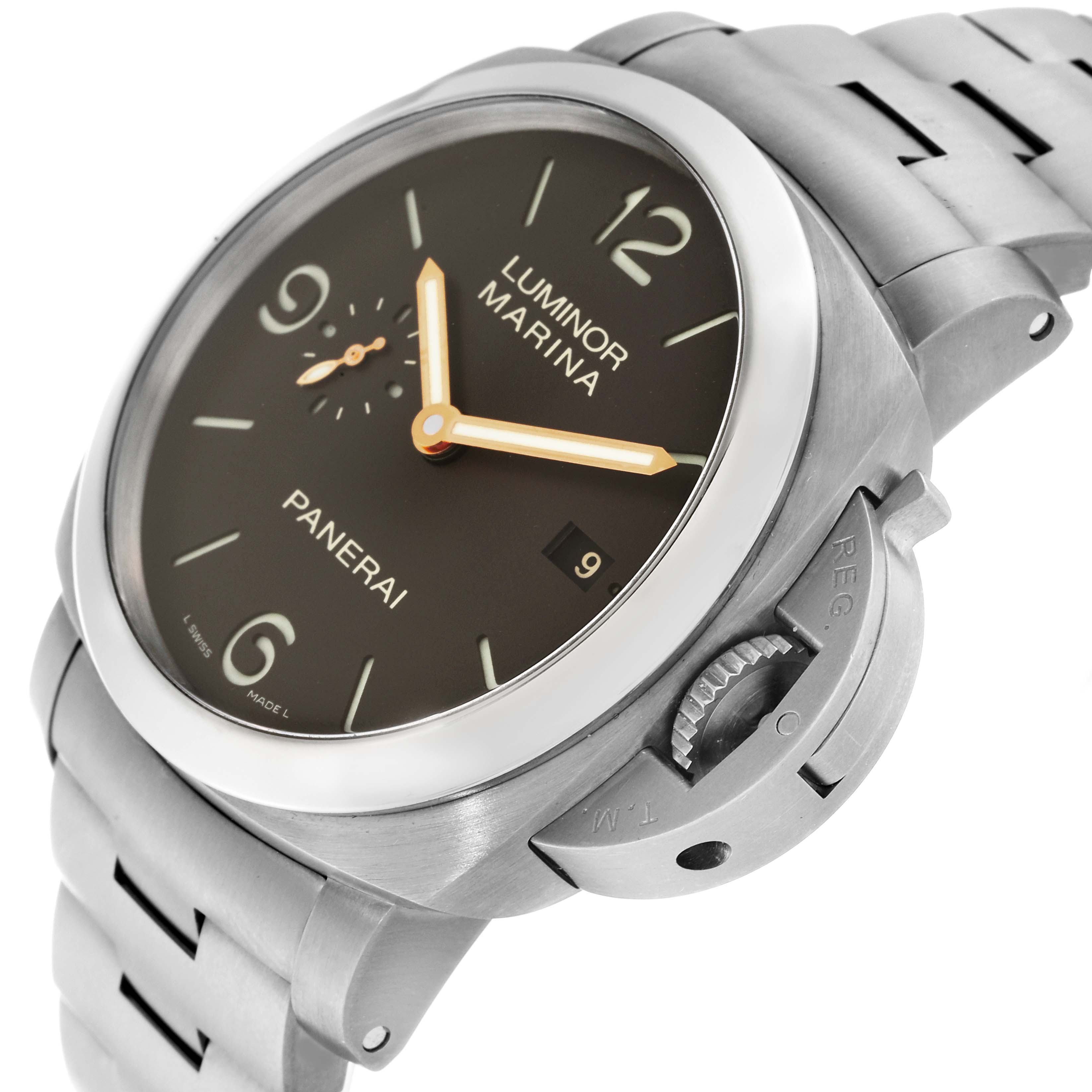The image shows a close-up angle of a Panerai Luminor PAM00352 Men
s Titanium Brown Dial PAM00352 Men
s Titanium Brown Dial Marina watch focusing on the face, crown guard, and stainless steel bracelet.