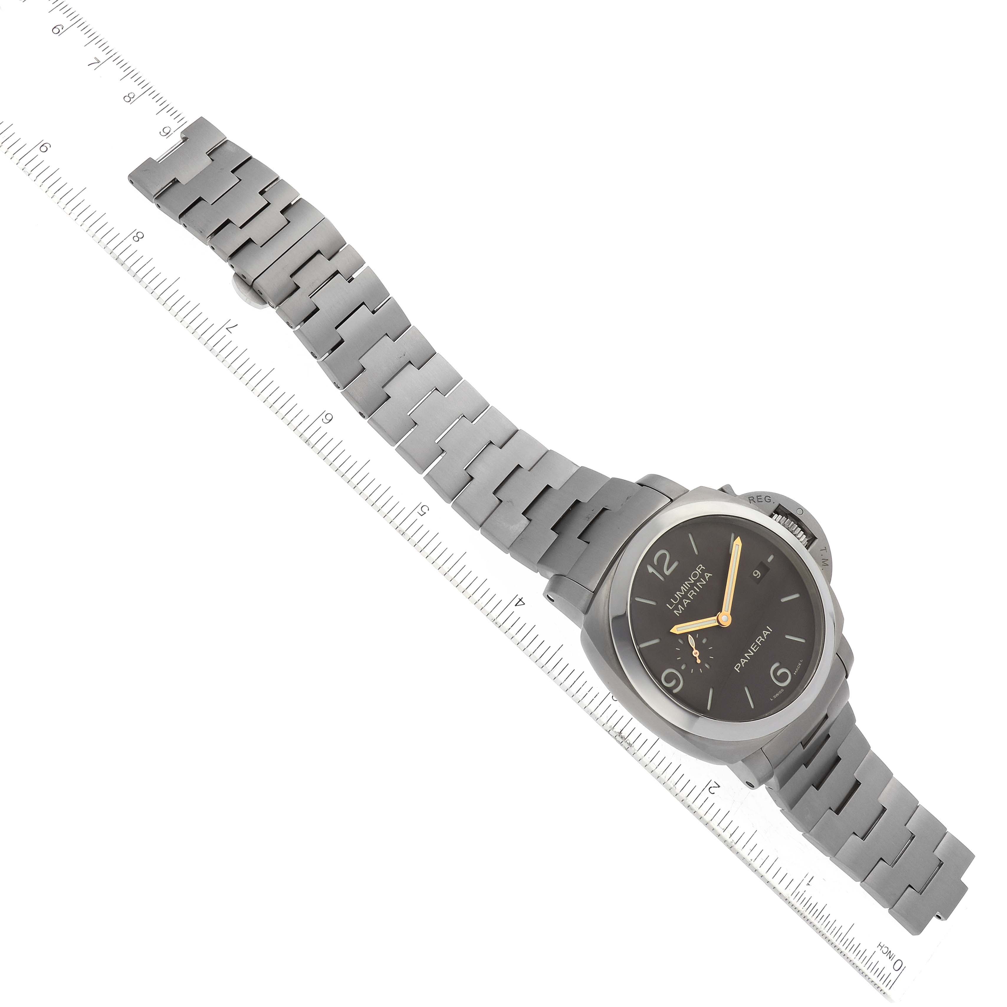 The image shows a Panerai Luminor PAM00352 Men
s Titanium Brown Dial PAM00352 Men
s Titanium Brown Dial watch positioned diagonally, displaying its metal band and dial with hands and markers.