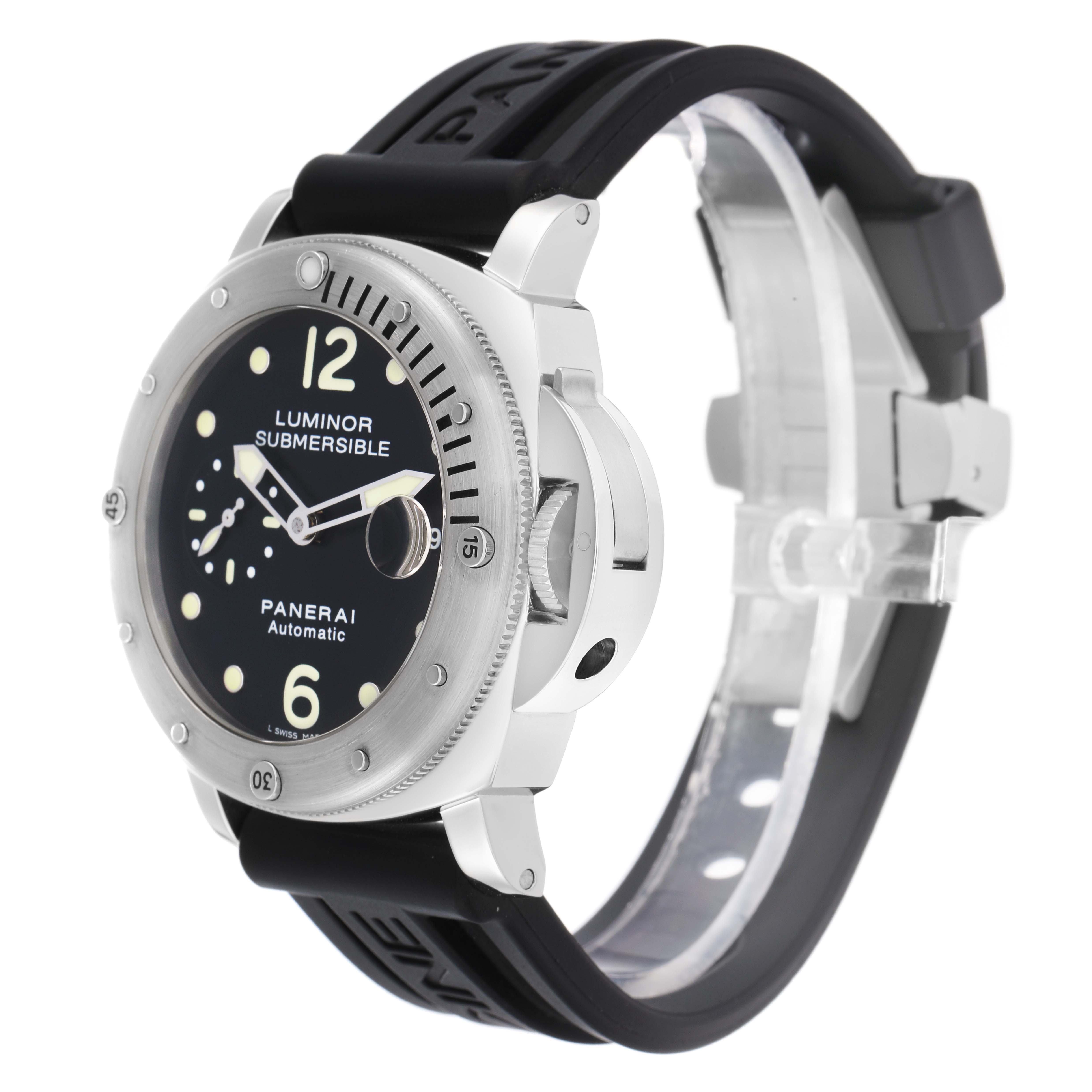 The Panerai Luminor PAM00024 Men
s Stainless Steel Black Dial watch is shown at a three-quarter angle displaying the face, bezel, and crown guard, with a black strap.