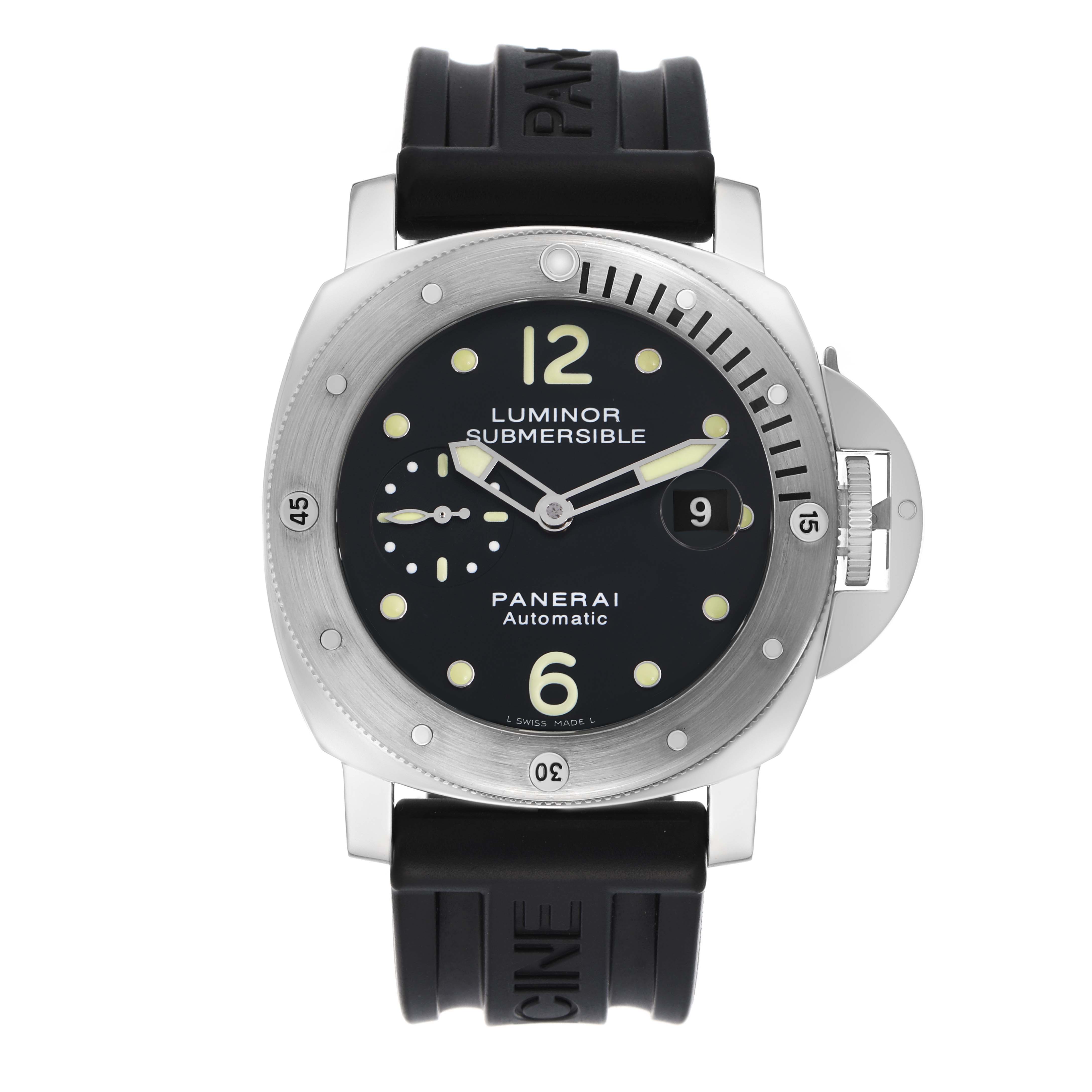 The Panerai Luminor PAM00024 Men
s Stainless Steel Black Dial watch is shown from the front, highlighting the dial, bezel, and rubber strap.