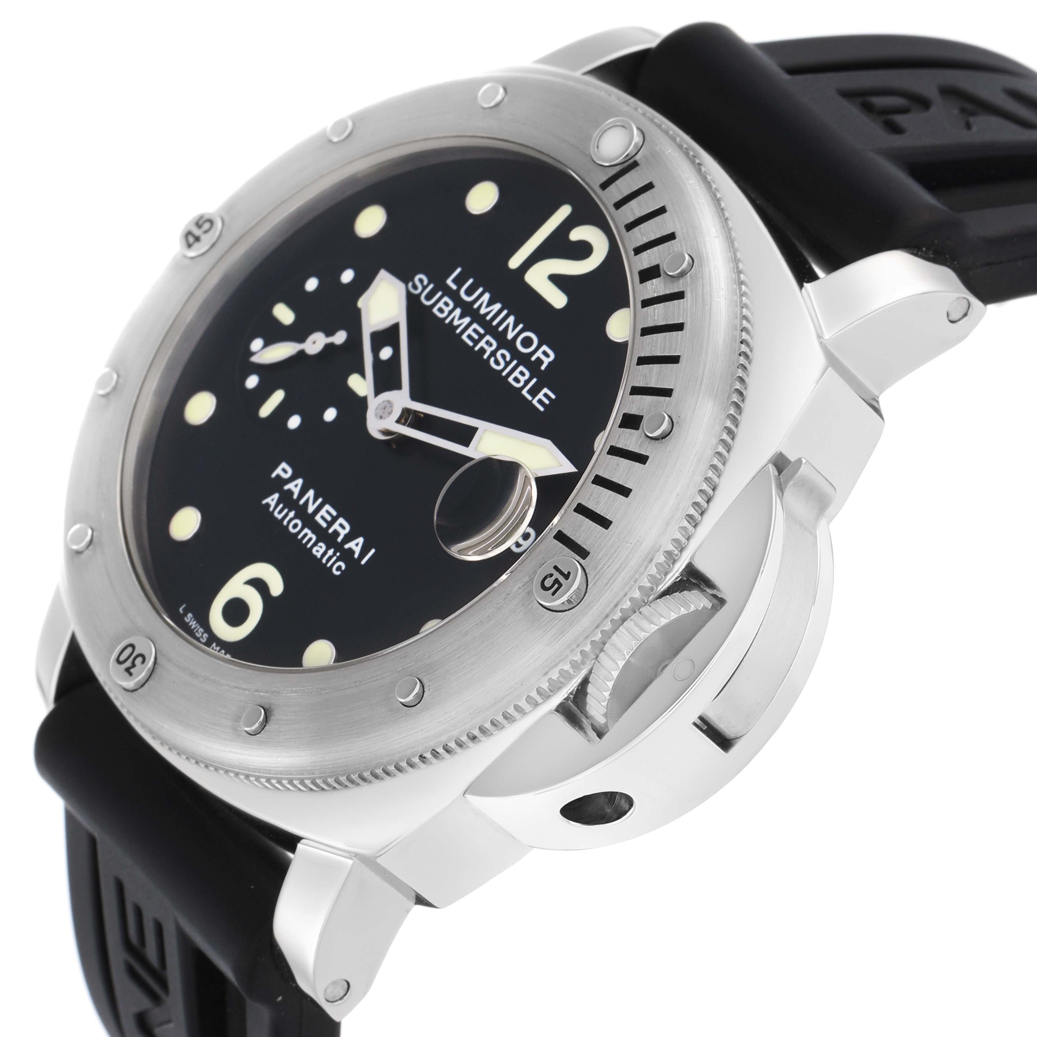 The Panerai Luminor PAM00024 Men
s Stainless Steel Black Dial watch is shown at an angle highlighting the dial, bezel, case, and the distinctive crown guard.