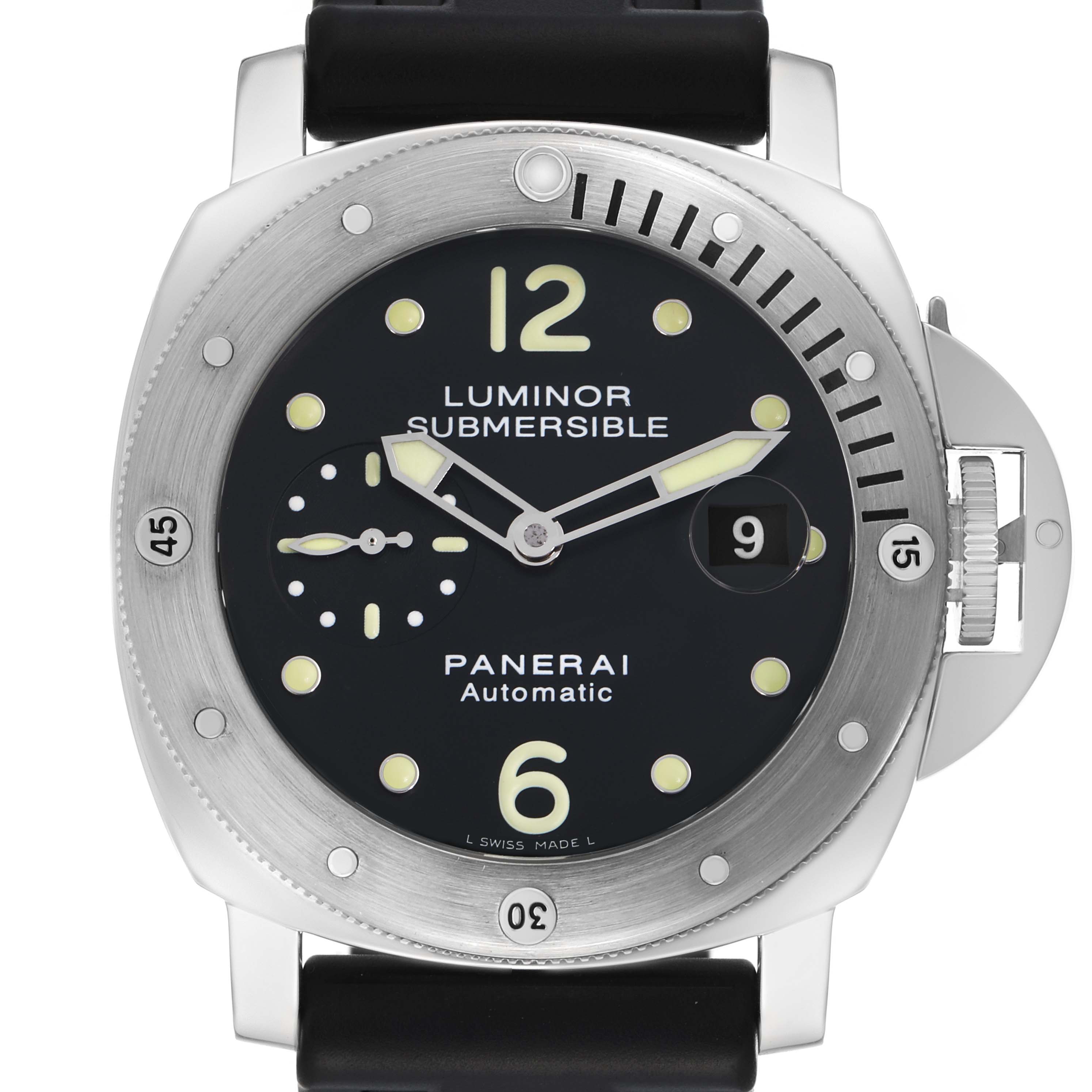 The image shows a front view of the Panerai Luminor PAM00024 Men
s Stainless Steel Black Dial watch, displaying the dial, bezel, and crown guard.