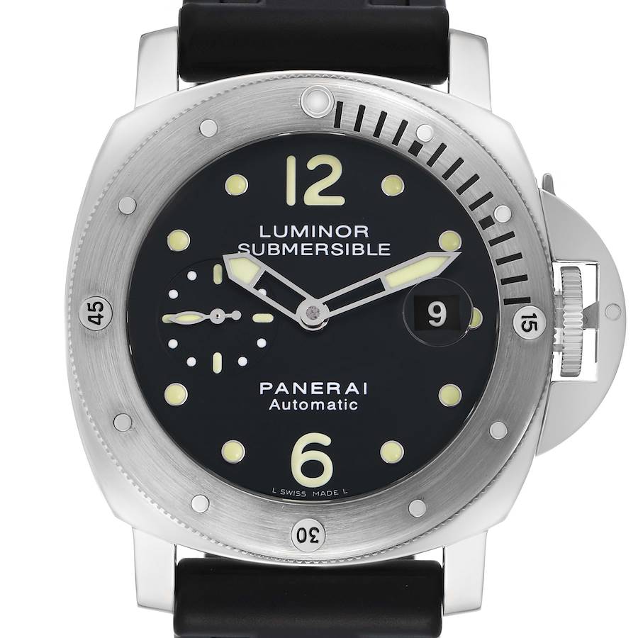 The image shows a front view of the Panerai Luminor Submersible PAM00024 men's watch, highlighting its bezel, dial, and crown guard.
