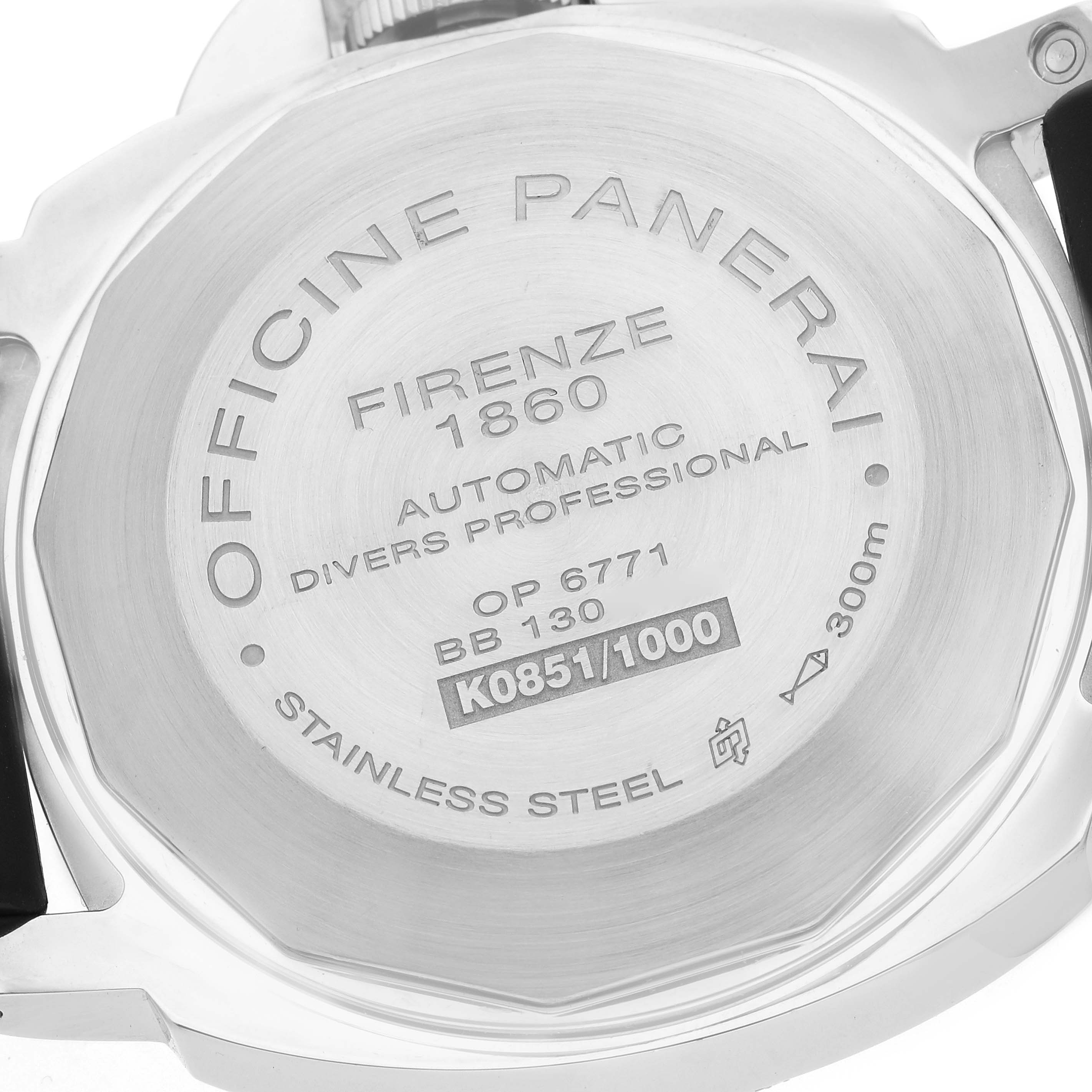 The image shows the back case of a Panerai Luminor PAM00024 Men
s Stainless Steel Black Dial watch, featuring engraved details.
