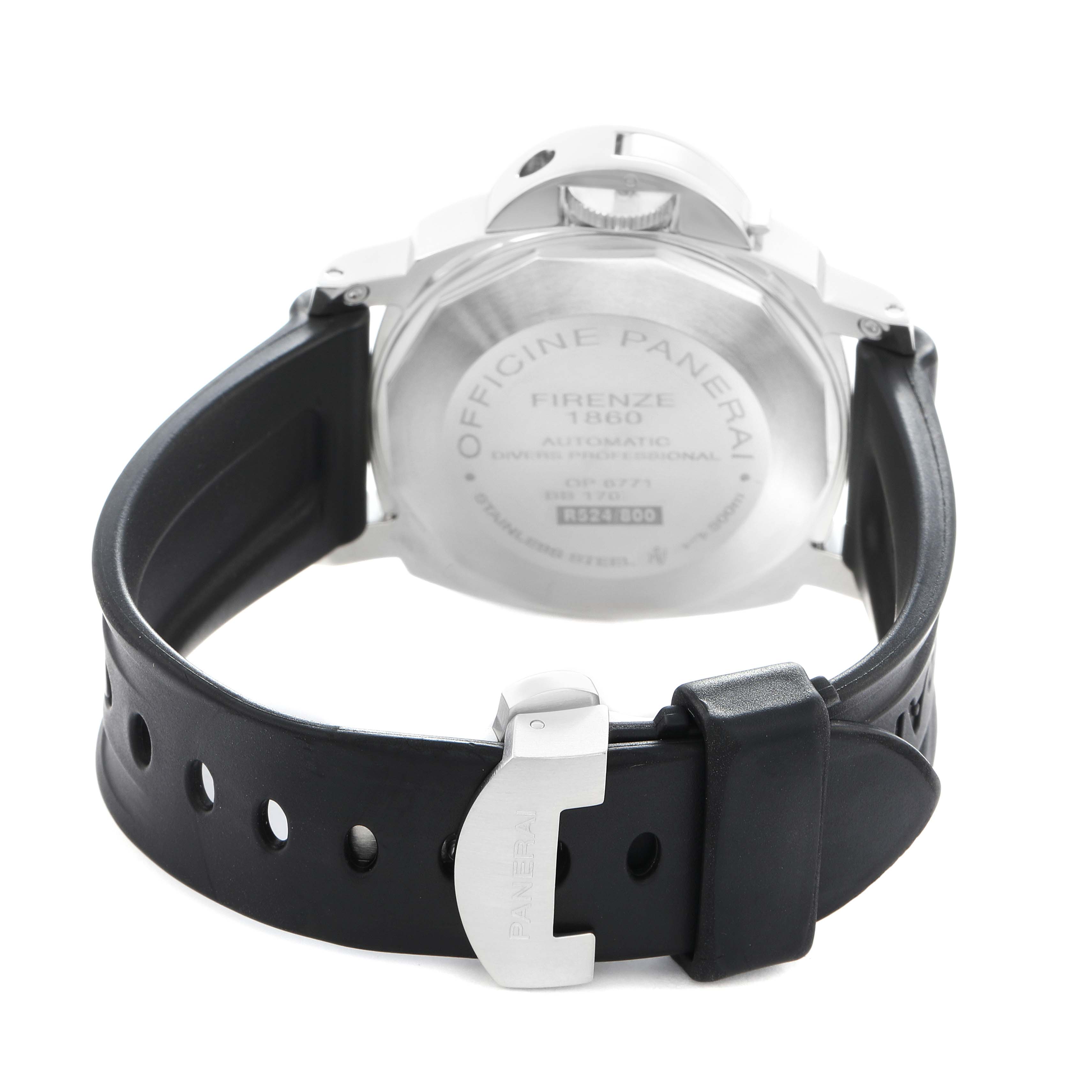 The image shows the back of a Panerai Submersible PAM00024 Men
s Stainless Steel Black Dial watch, highlighting the case back and black rubber strap with a buckle clasp.