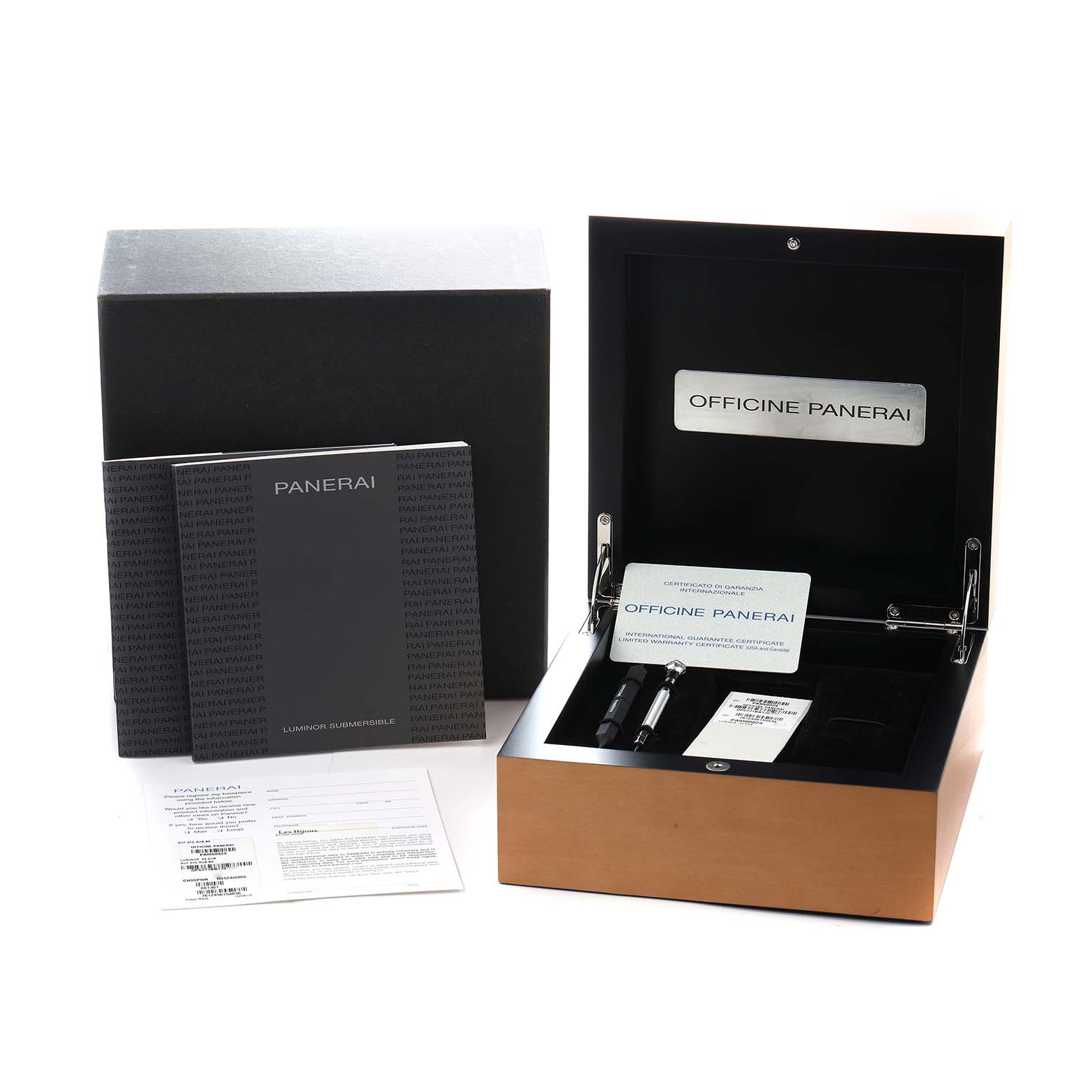 The image shows a Panerai Submersible PAM00024 Men
s Stainless Steel Black Dial watch box set, including the open wooden box, warranty card, tools, and manuals.