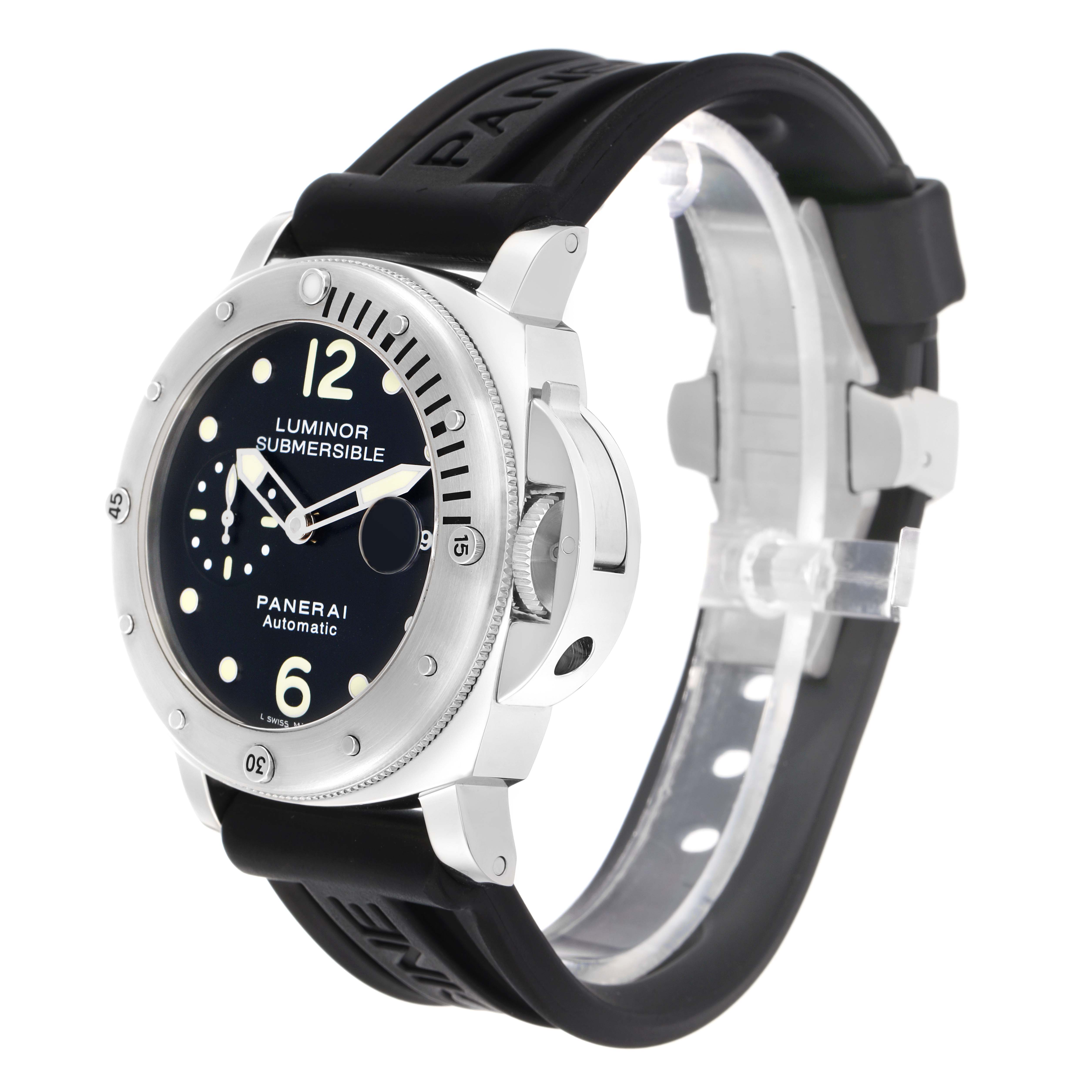 The Panerai Submersible PAM00024 Men
s Stainless Steel Black Dial watch is shown at a three-quarter angle, displaying the dial, case, bezel, and rubber strap.