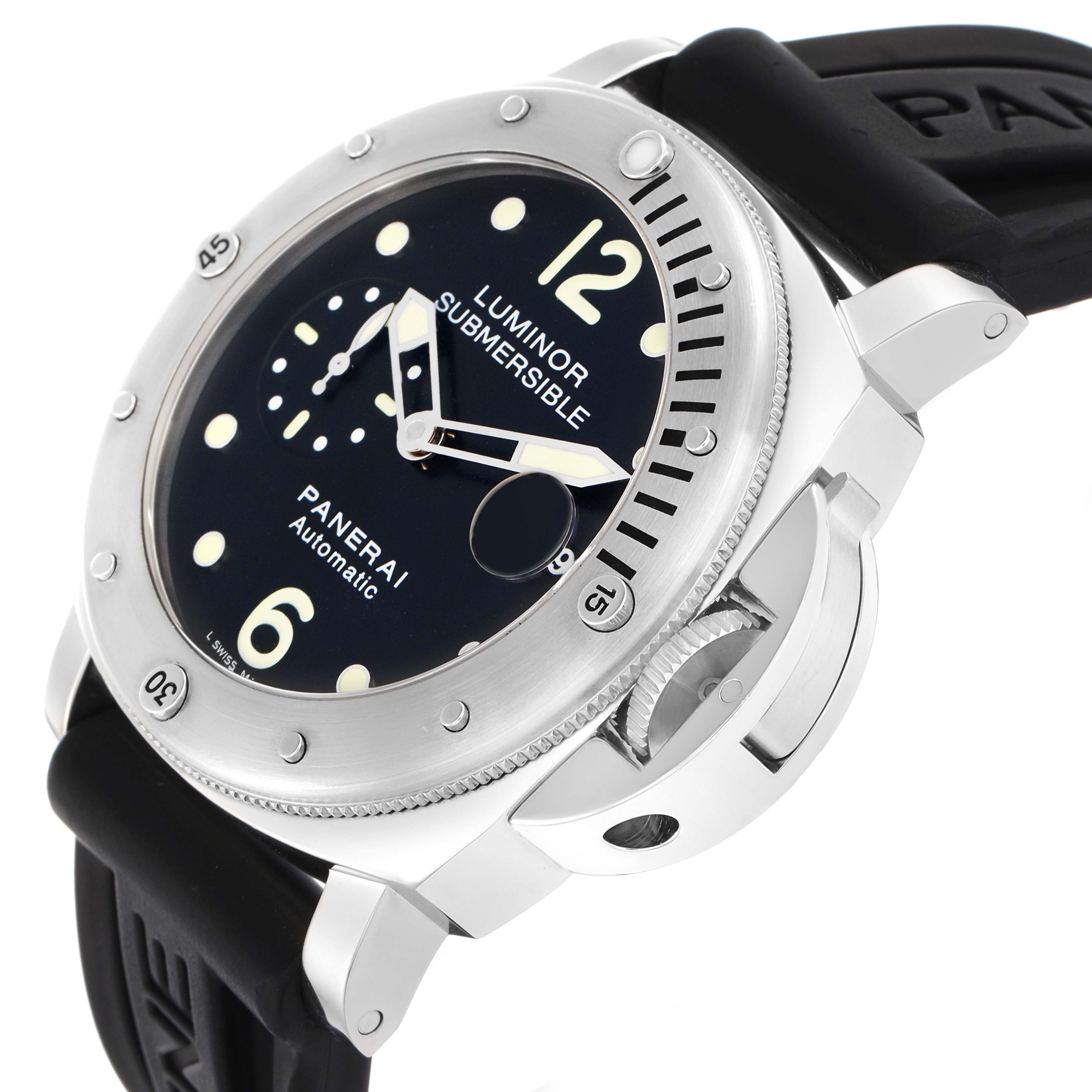 The Panerai Submersible PAM00024 Men
s Stainless Steel Black Dial watch is shown at a slight angle, highlighting the bezel, dial, and crown guard.