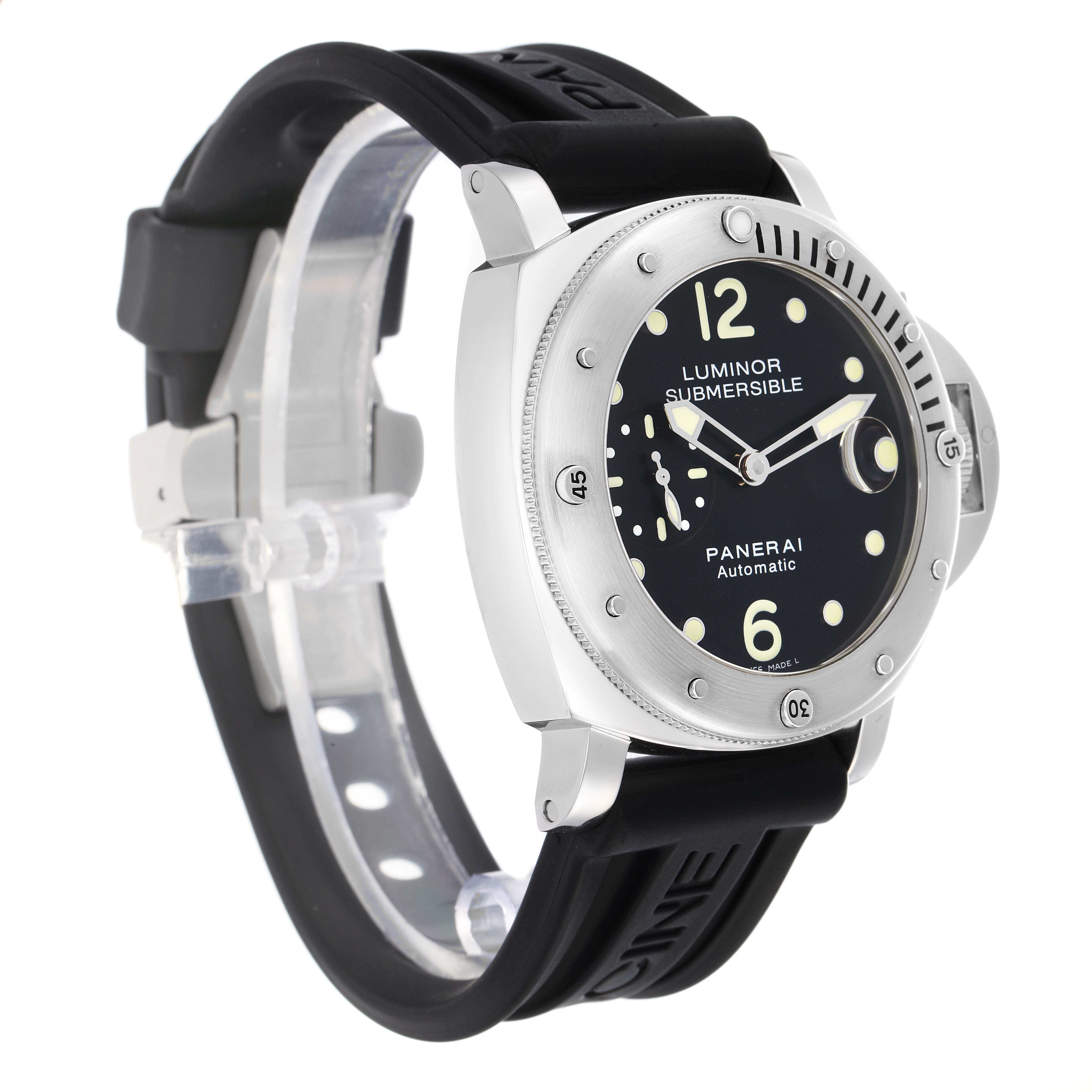 The Panerai Submersible PAM00024 Men
s Stainless Steel Black Dial watch is shown at a three-quarter angle, highlighting the dial, bezel, and rubber strap.