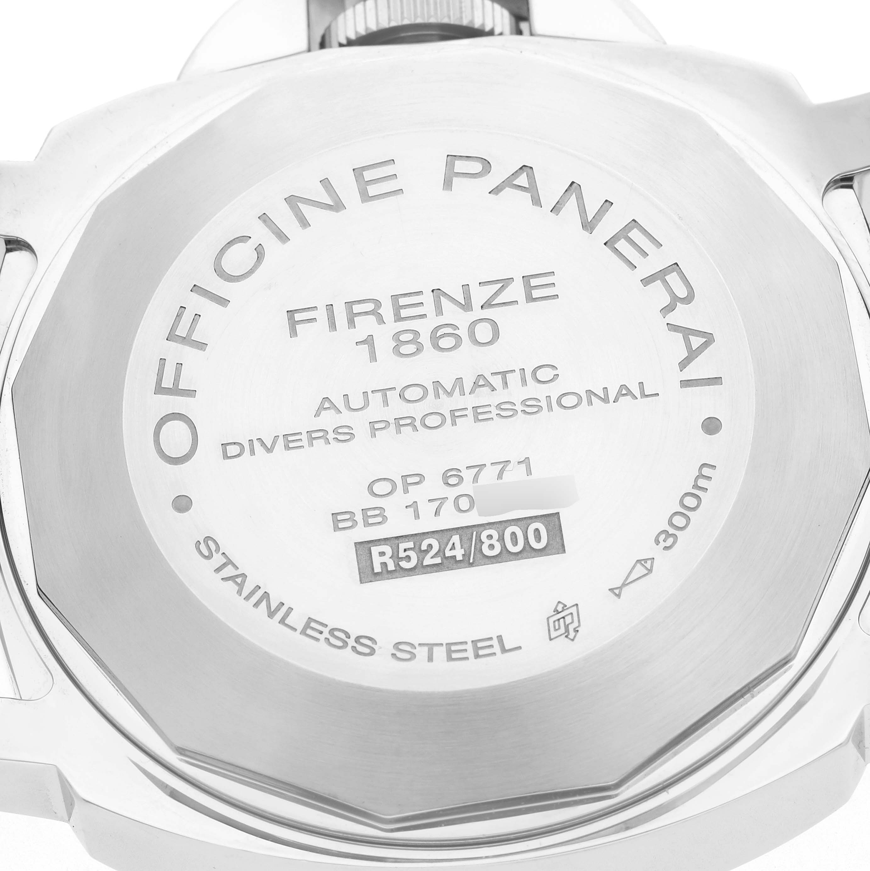 The image shows the case back of a Panerai Submersible PAM00024 Men
s Stainless Steel Black Dial watch, highlighting its engravings and specifications.