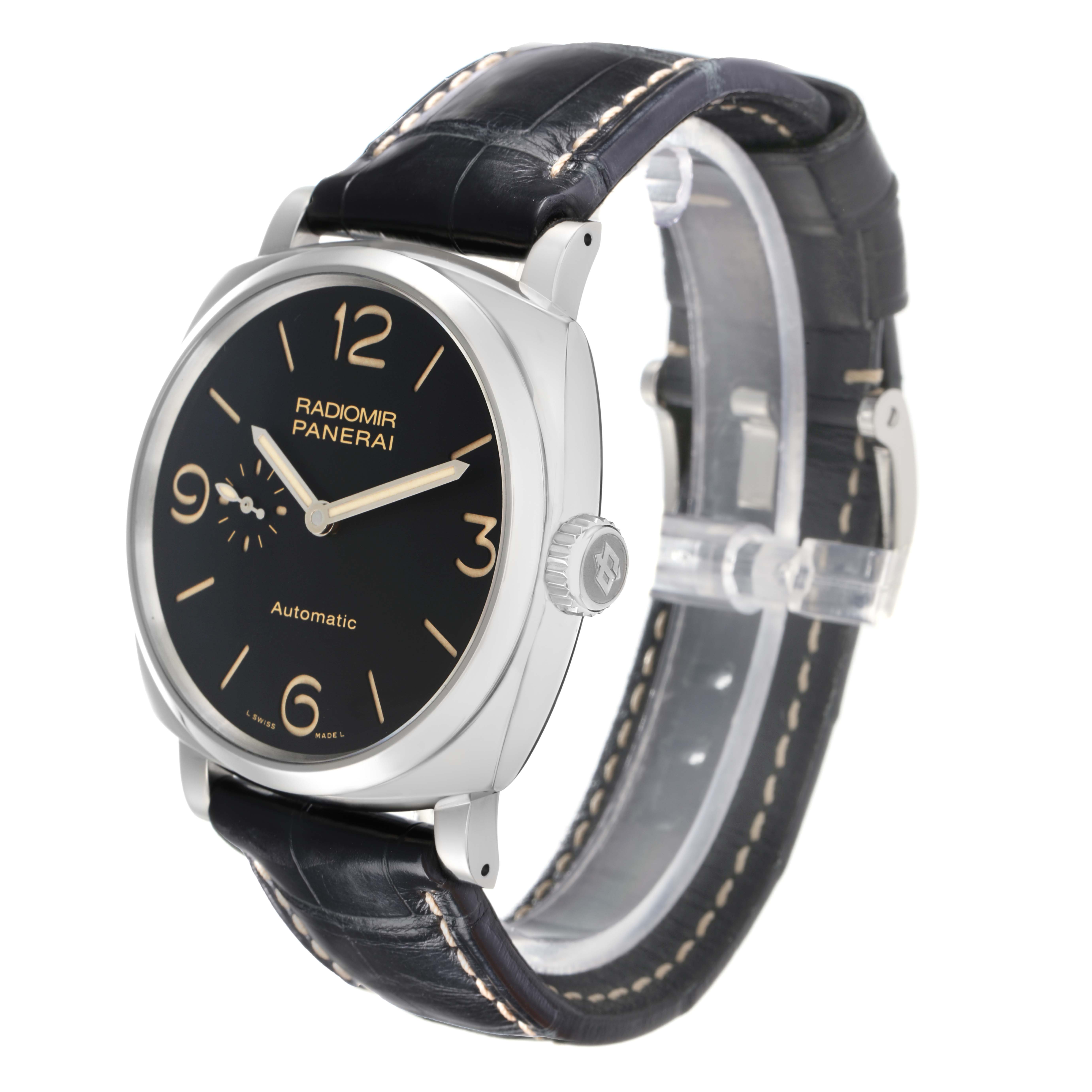 The Panerai Radiomir PAM00572 Men
s Stainless Steel Black Dial watch is shown at a three-quarter angle highlighting the face, crown, and leather strap.