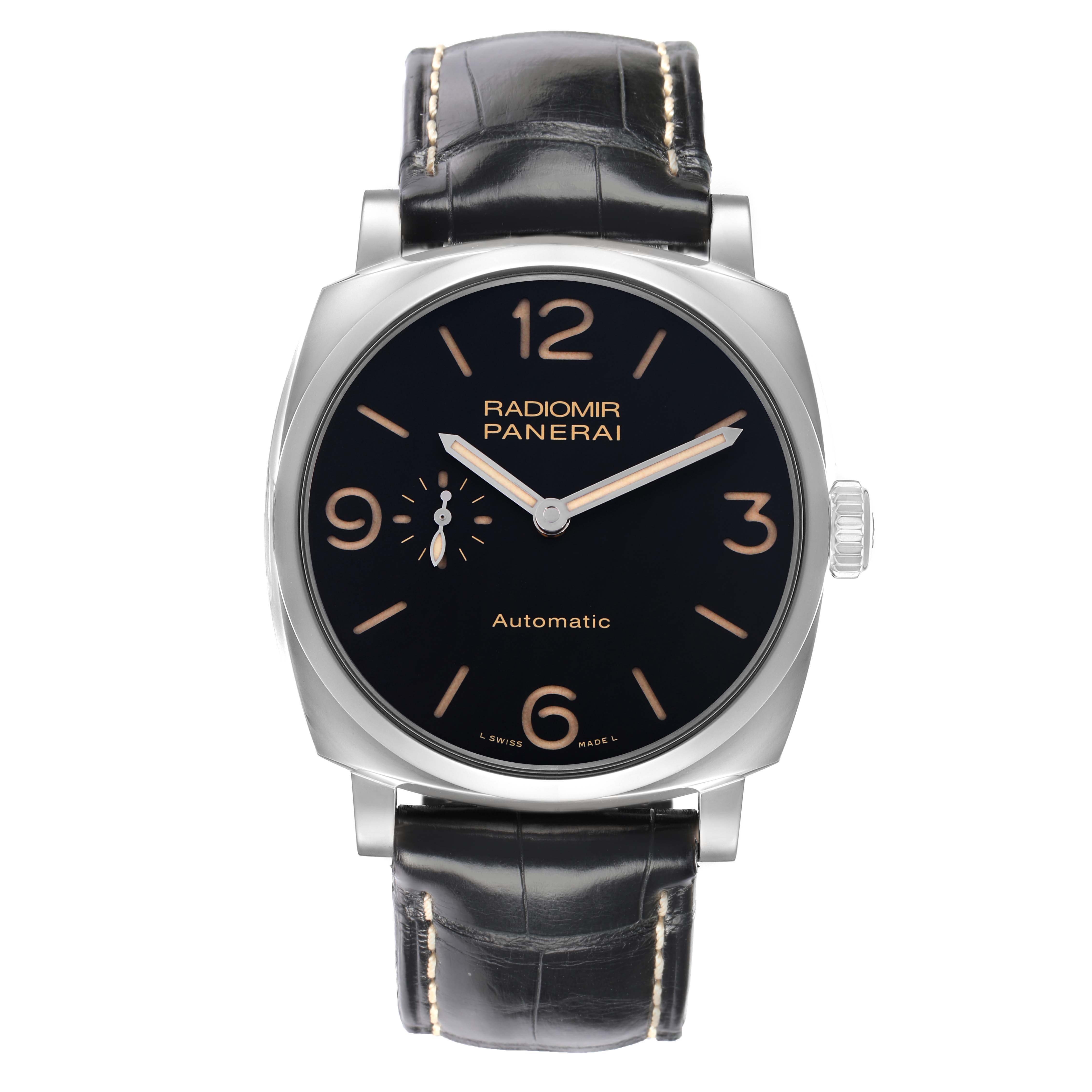The image shows a Panerai Radiomir PAM00572 Men
s Stainless Steel Black Dial watch from a front view, displaying the face, case, crown, and leather strap.