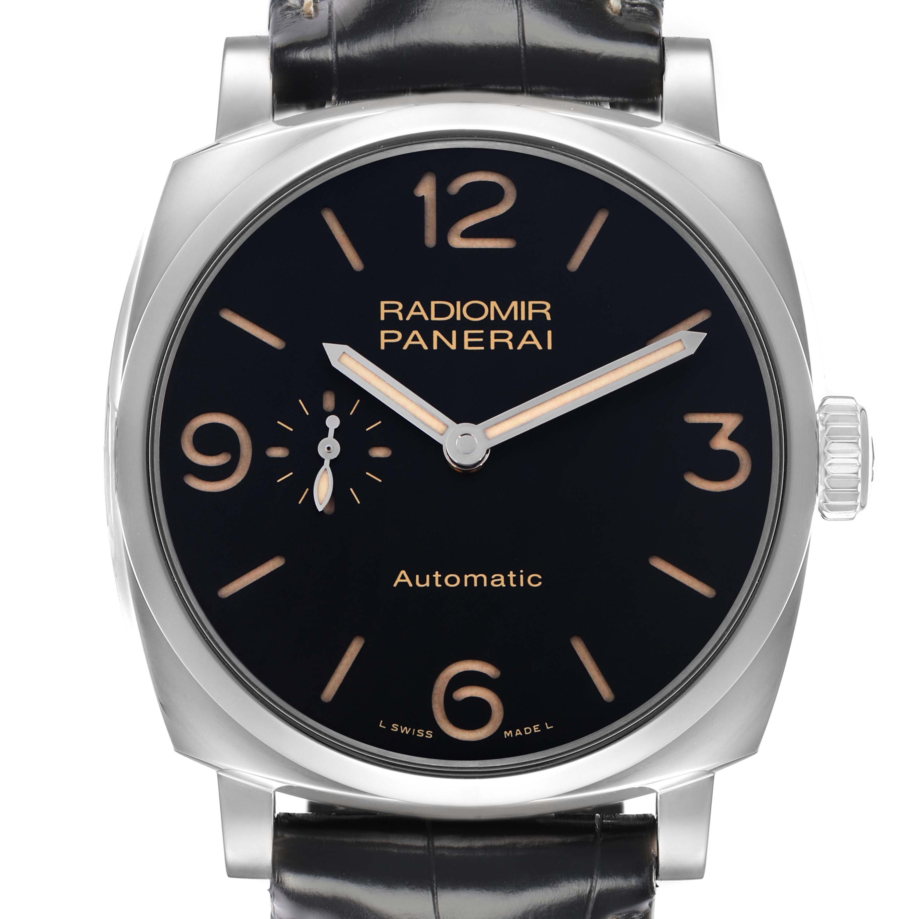 The Panerai Radiomir PAM00572 Men
s Stainless Steel Black Dial watch is shown from a front angle, highlighting the dial, hands, and crown.