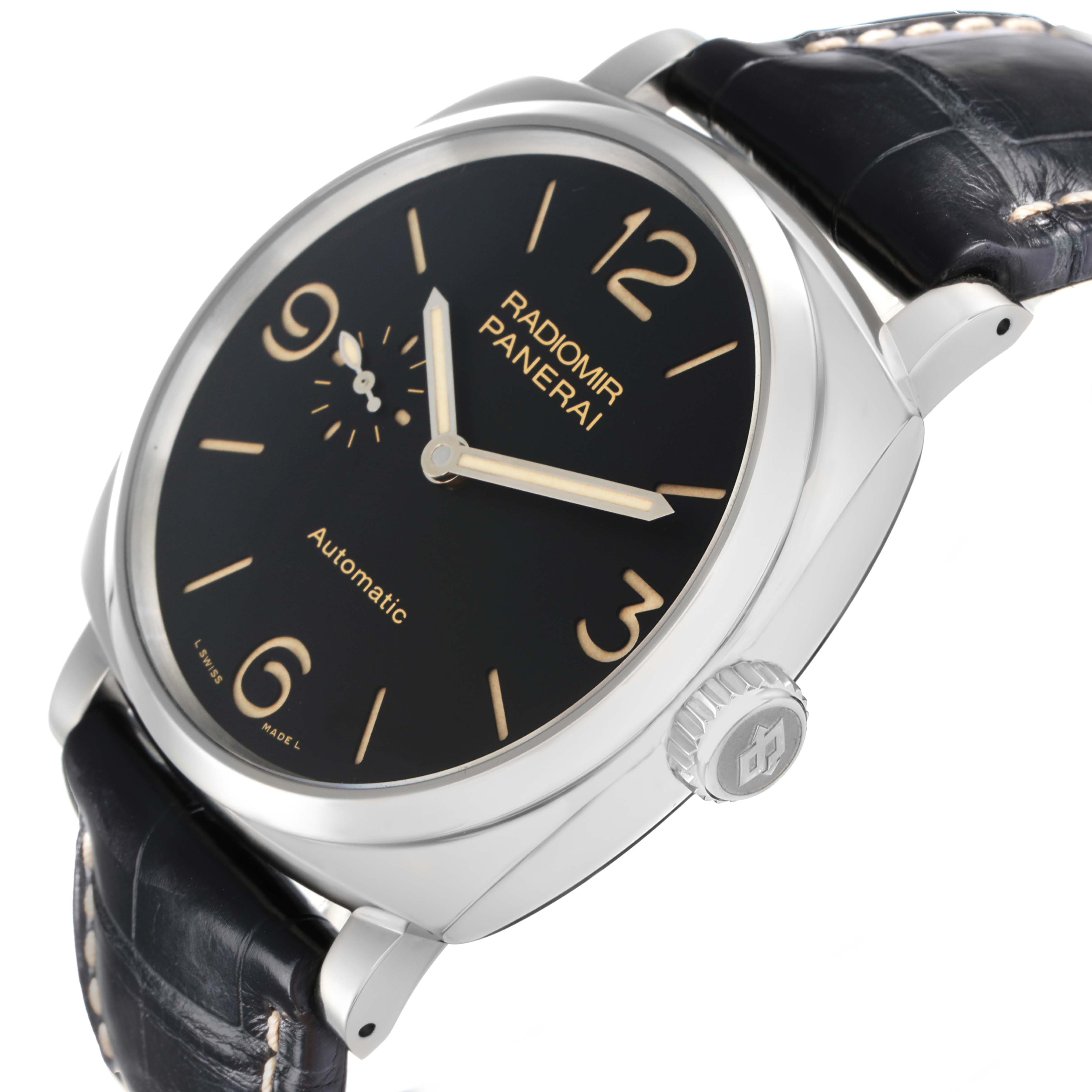 The Panerai Radiomir PAM00572 Men
s Stainless Steel Black Dial watch is shown at a slight side angle, highlighting the dial, crown, and leather strap.