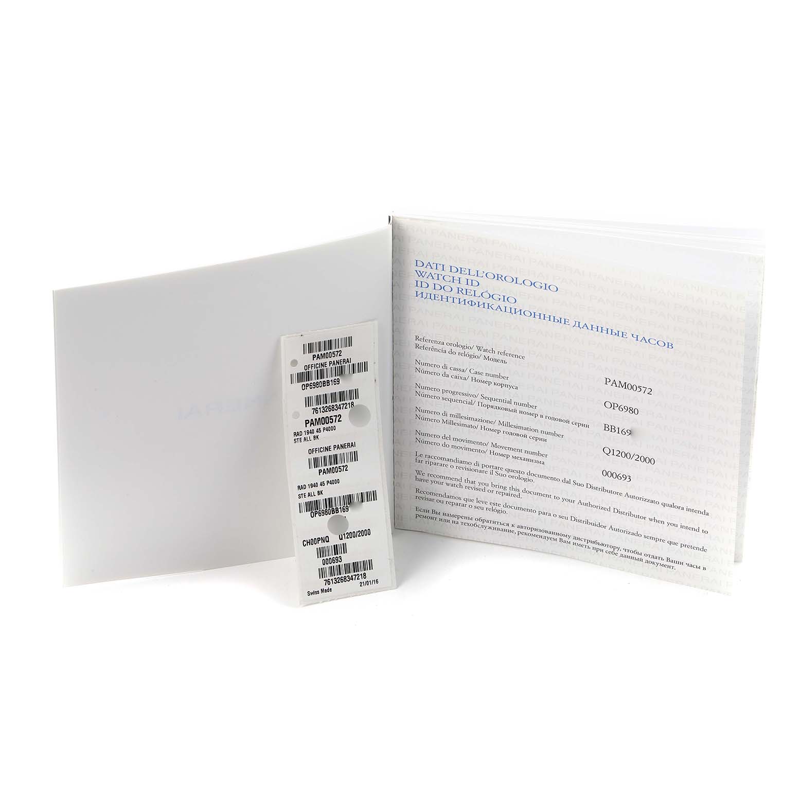 The image shows documentation and tags for the Radiomir model by Panerai, including booklets and a barcode tag at an angle.