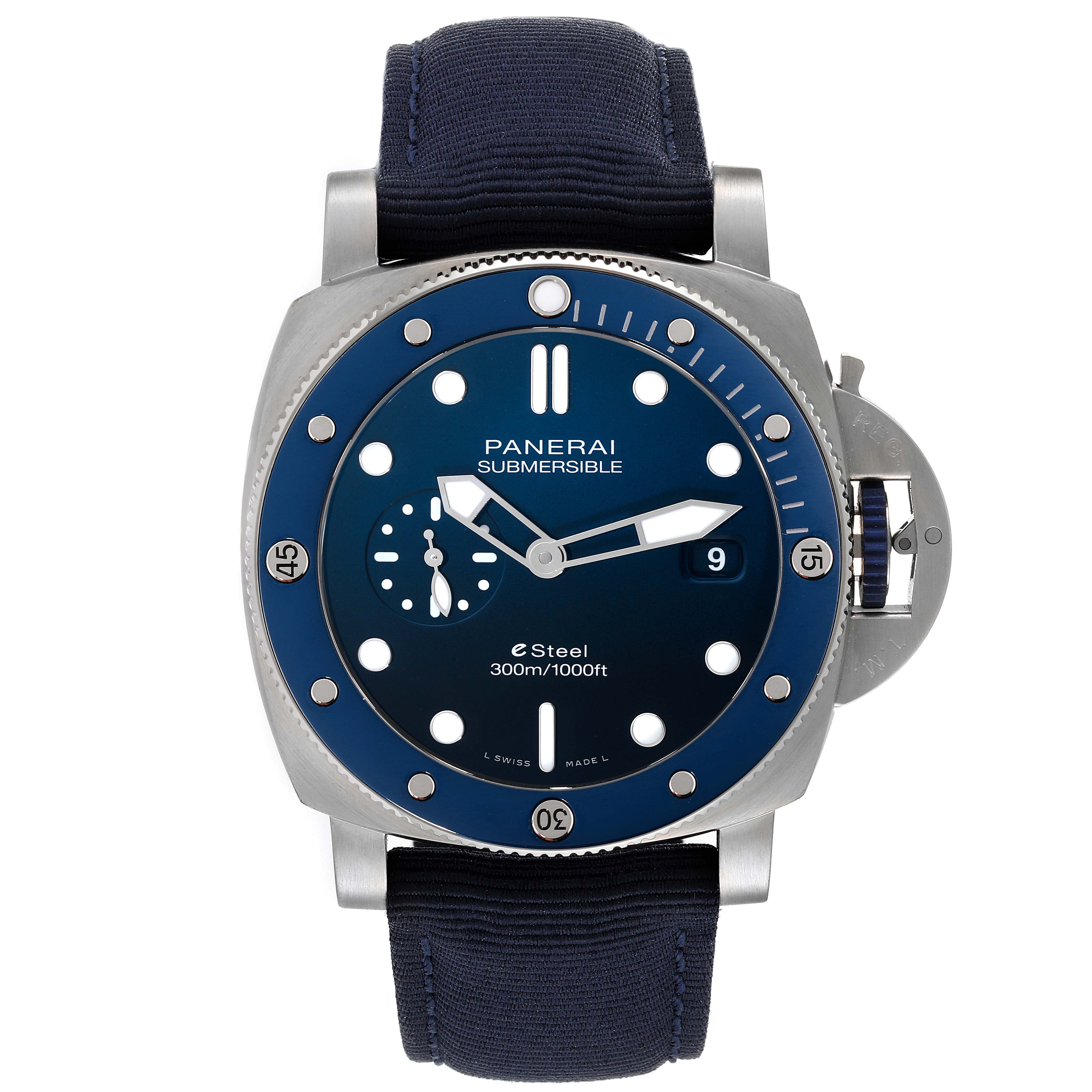 The Panerai Submersible PAM01289 Men's Stainless Steel Blue Dial PAM01289 Men's Stainless Steel Blue Dial watch is shown from the front, highlighting its dial, bezel, and strap.