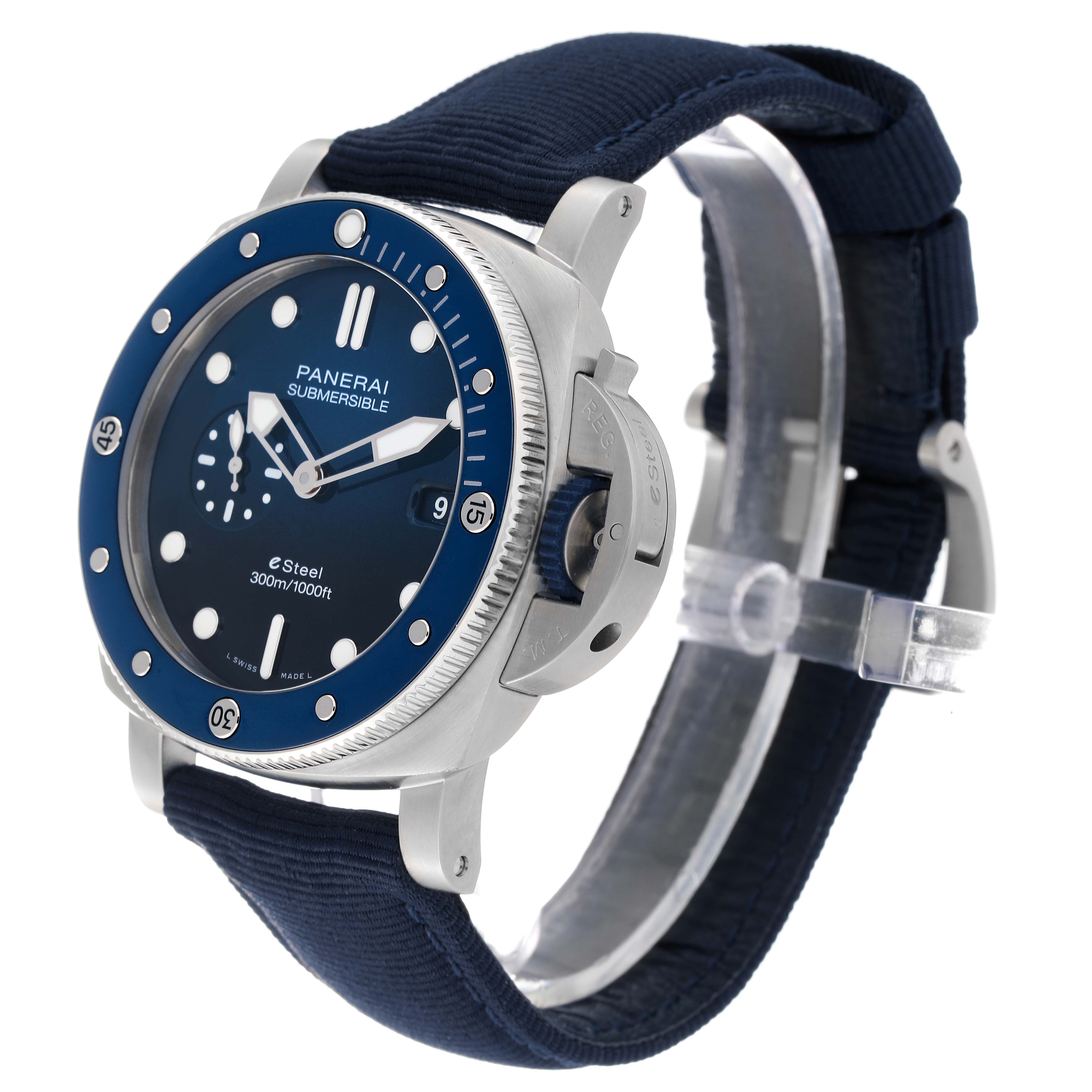 This image shows a Panerai Submersible PAM01289 Men's Stainless Steel Blue Dial PAM01289 Men's Stainless Steel Blue Dial watch at an angled front-left view, highlighting its blue bezel, dial, and strap.