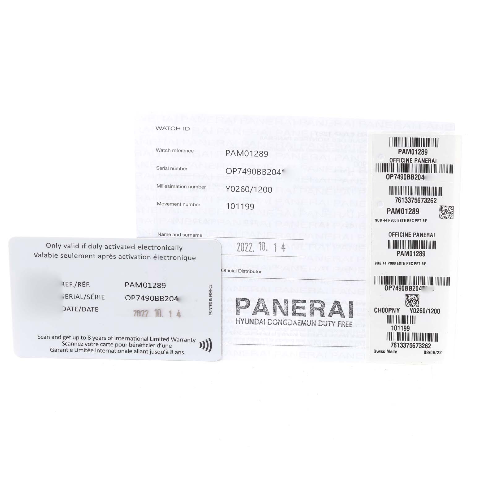 The image shows warranty cards and documentation for a Panerai Submersible PAM01289 Men's Stainless Steel Blue Dial PAM01289 Men's Stainless Steel Blue Dial model PAM01289 watch.