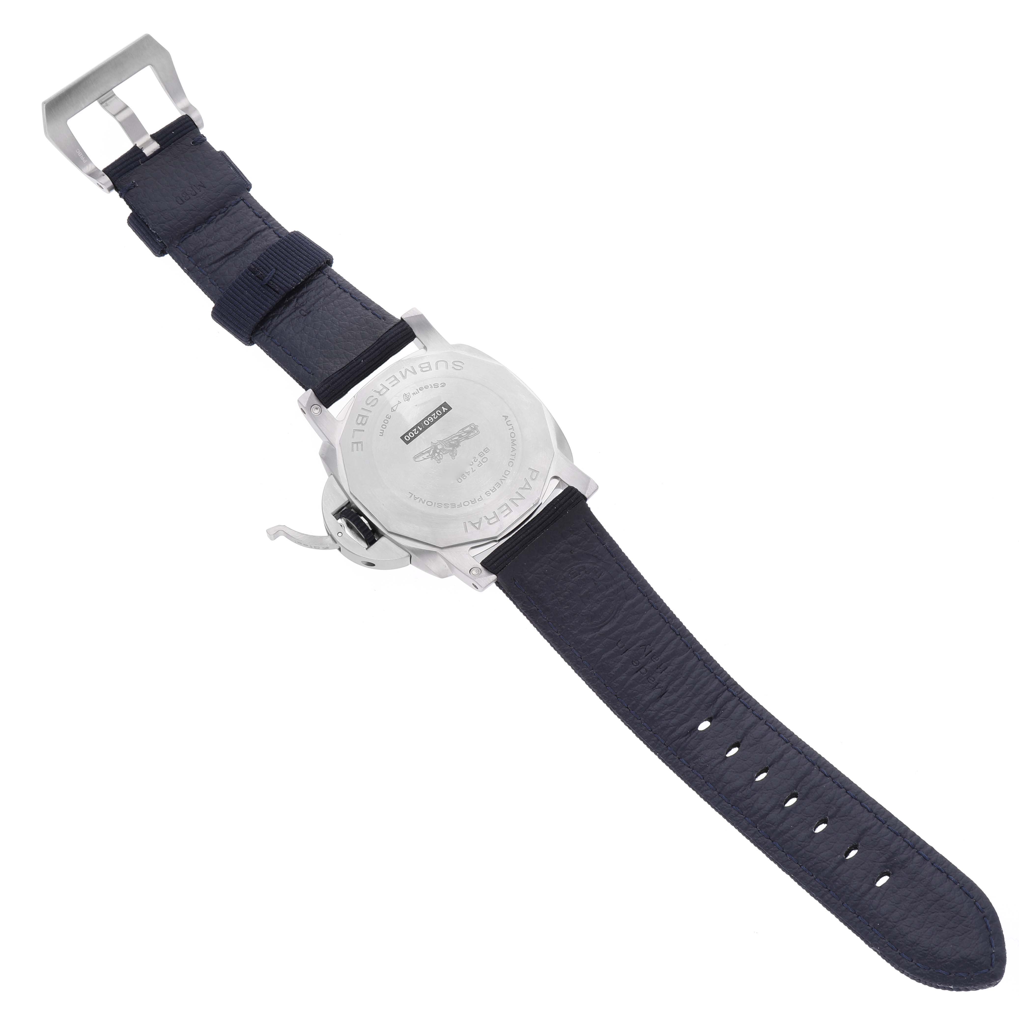 The image shows the back and strap of a Panerai Submersible PAM01289 Men's Stainless Steel Blue Dial PAM01289 Men's Stainless Steel Blue Dial watch, including the clasp and case back details.