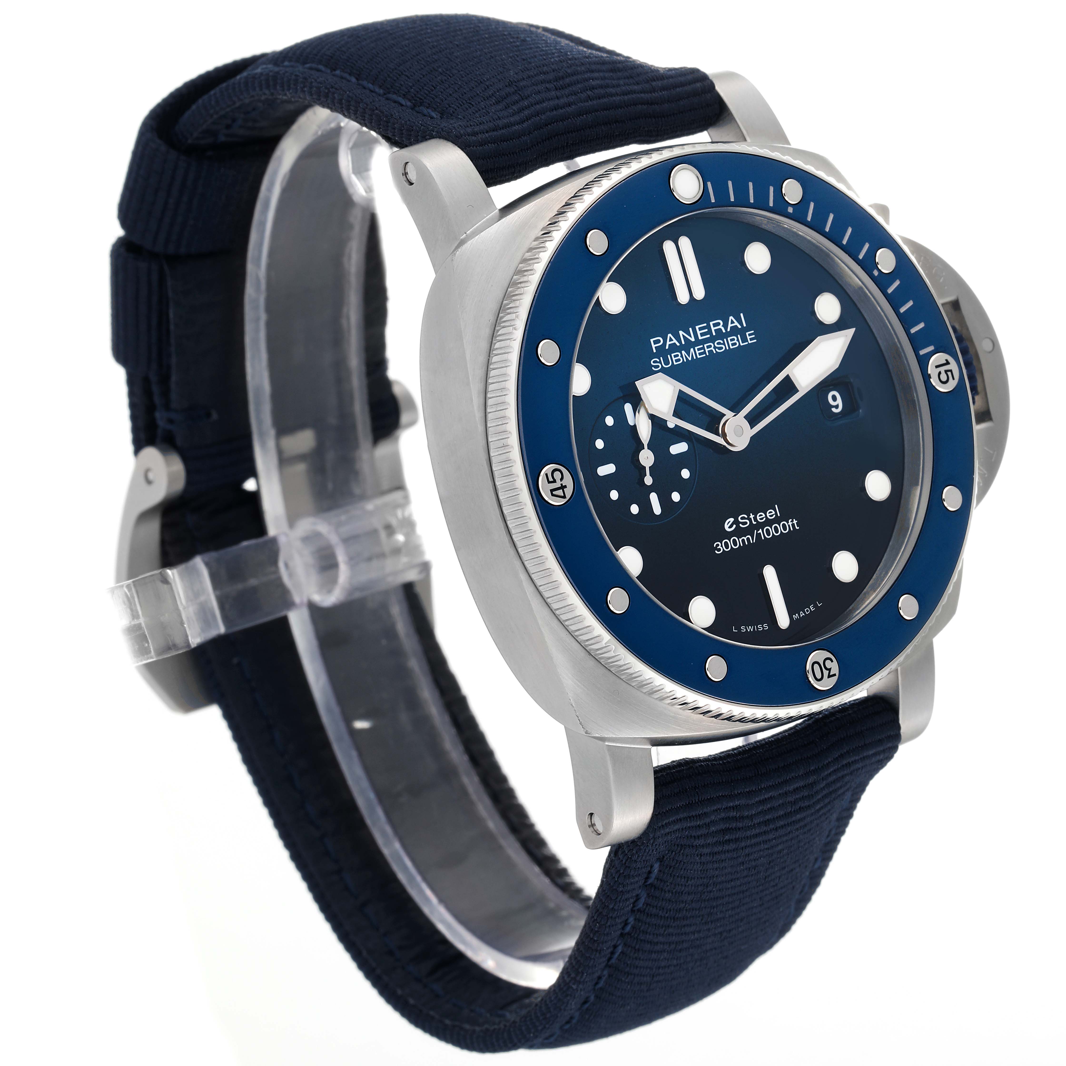 The Panerai Submersible PAM01289 Men's Stainless Steel Blue Dial PAM01289 Men's Stainless Steel Blue Dial watch is shown at an angled side view, highlighting its dial, bezel, and the left side of the strap.
