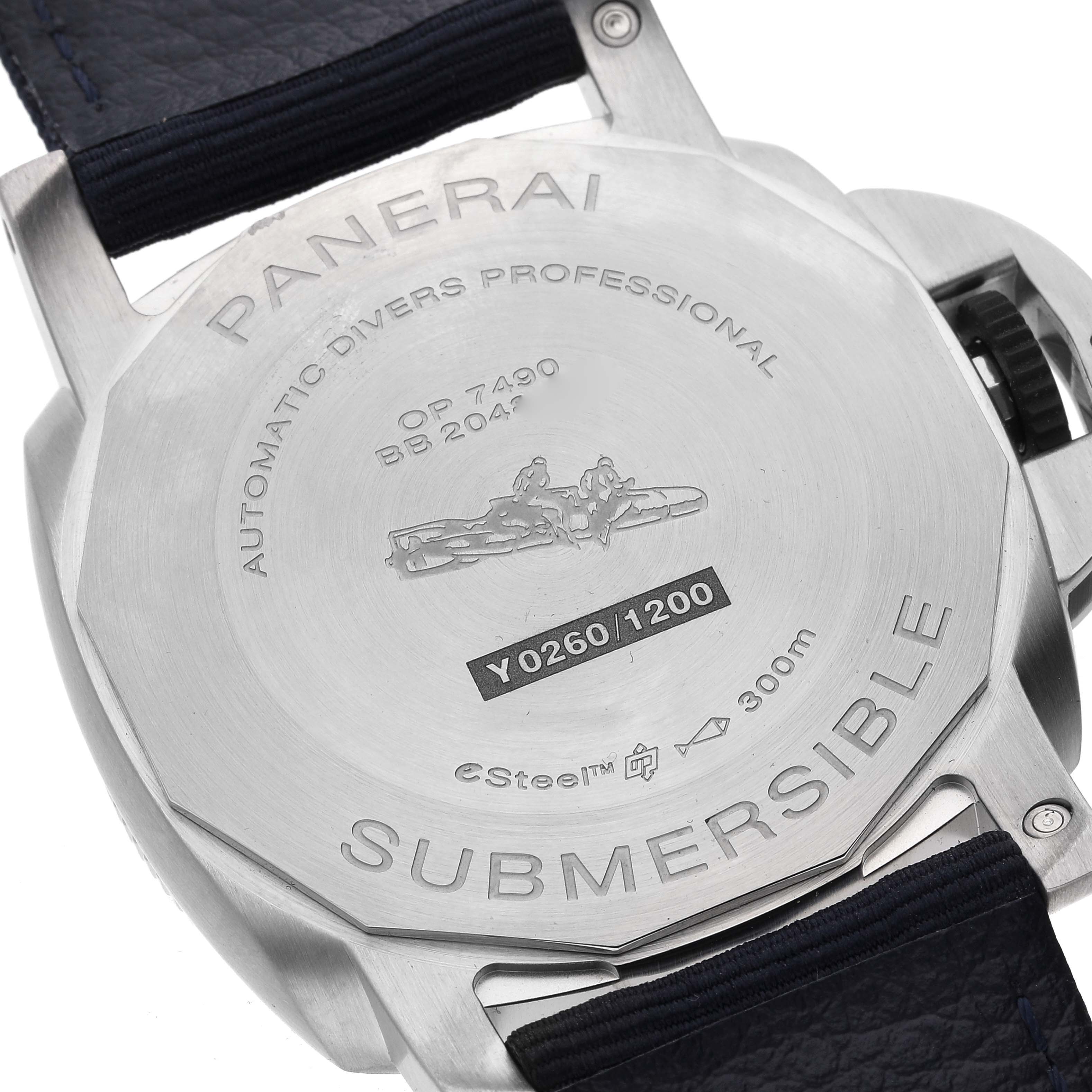 The image shows the back case of a Panerai Submersible PAM01289 Men's Stainless Steel Blue Dial PAM01289 Men's Stainless Steel Blue Dial watch, highlighting engravings and strap attachment points.