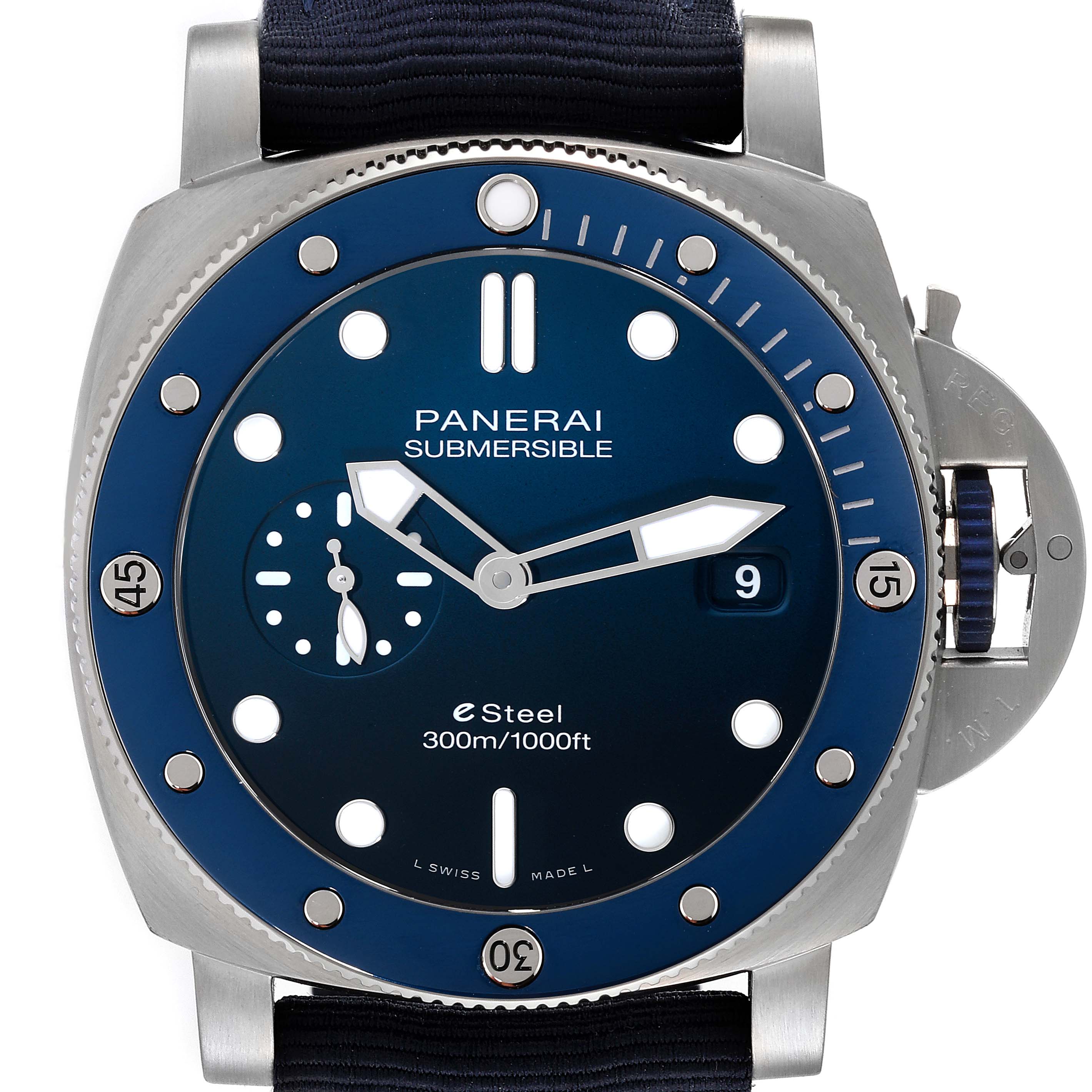 This image shows a front angle of the Panerai Submersible PAM01289 Men's Stainless Steel Blue Dial PAM01289 Men's Stainless Steel Blue Dial watch, highlighting the dial, bezel, and crown.