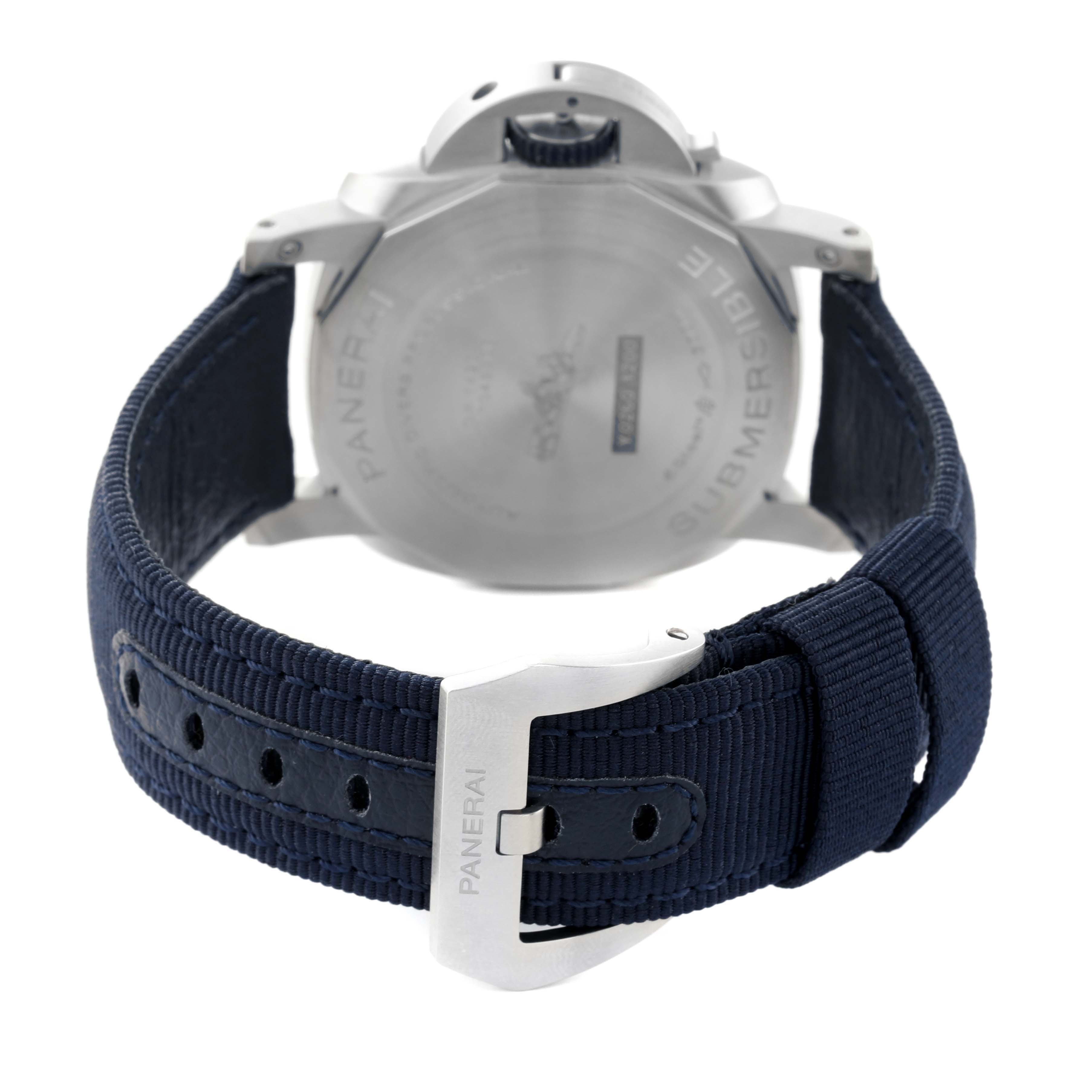 This image shows the rear view of a Panerai Submersible PAM01289 Men's Stainless Steel Blue Dial PAM01289 Men's Stainless Steel Blue Dial watch with a focus on the buckle and strap.