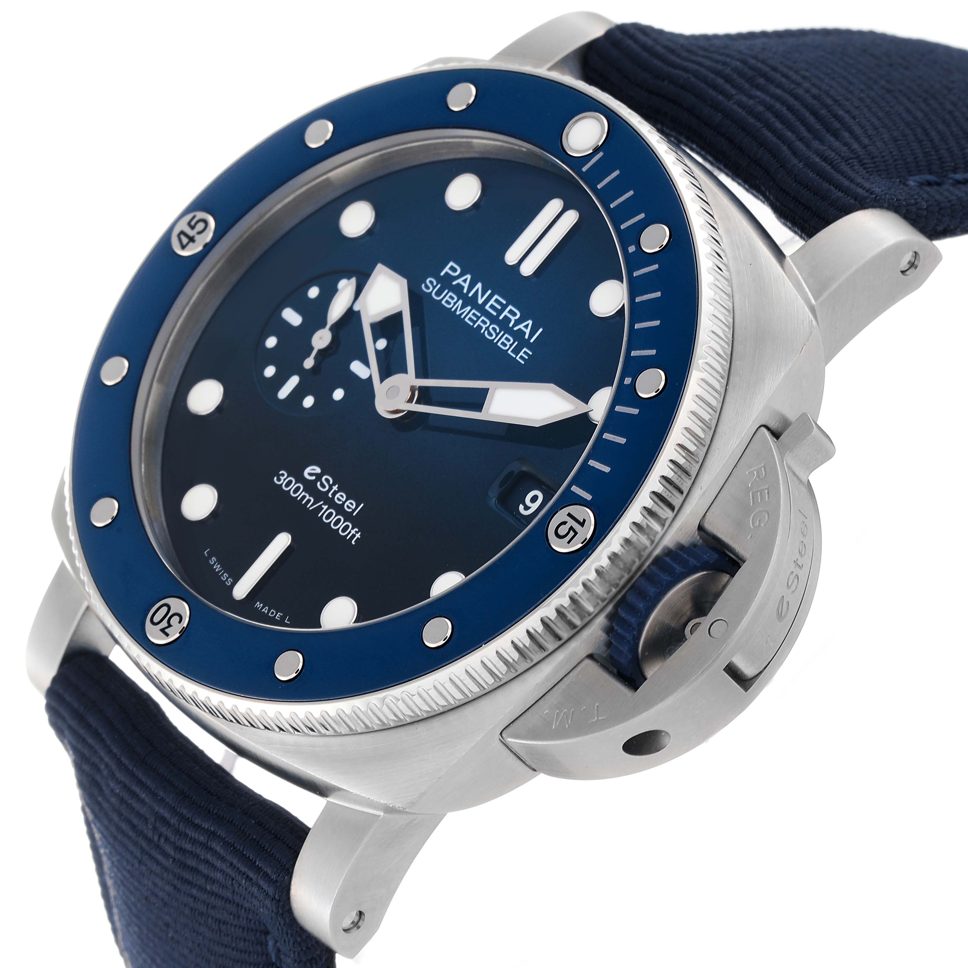 The image shows a Panerai Submersible PAM01289 Men's Stainless Steel Blue Dial PAM01289 Men's Stainless Steel Blue Dial watch angled to display the dial, bezel, and crown guard.