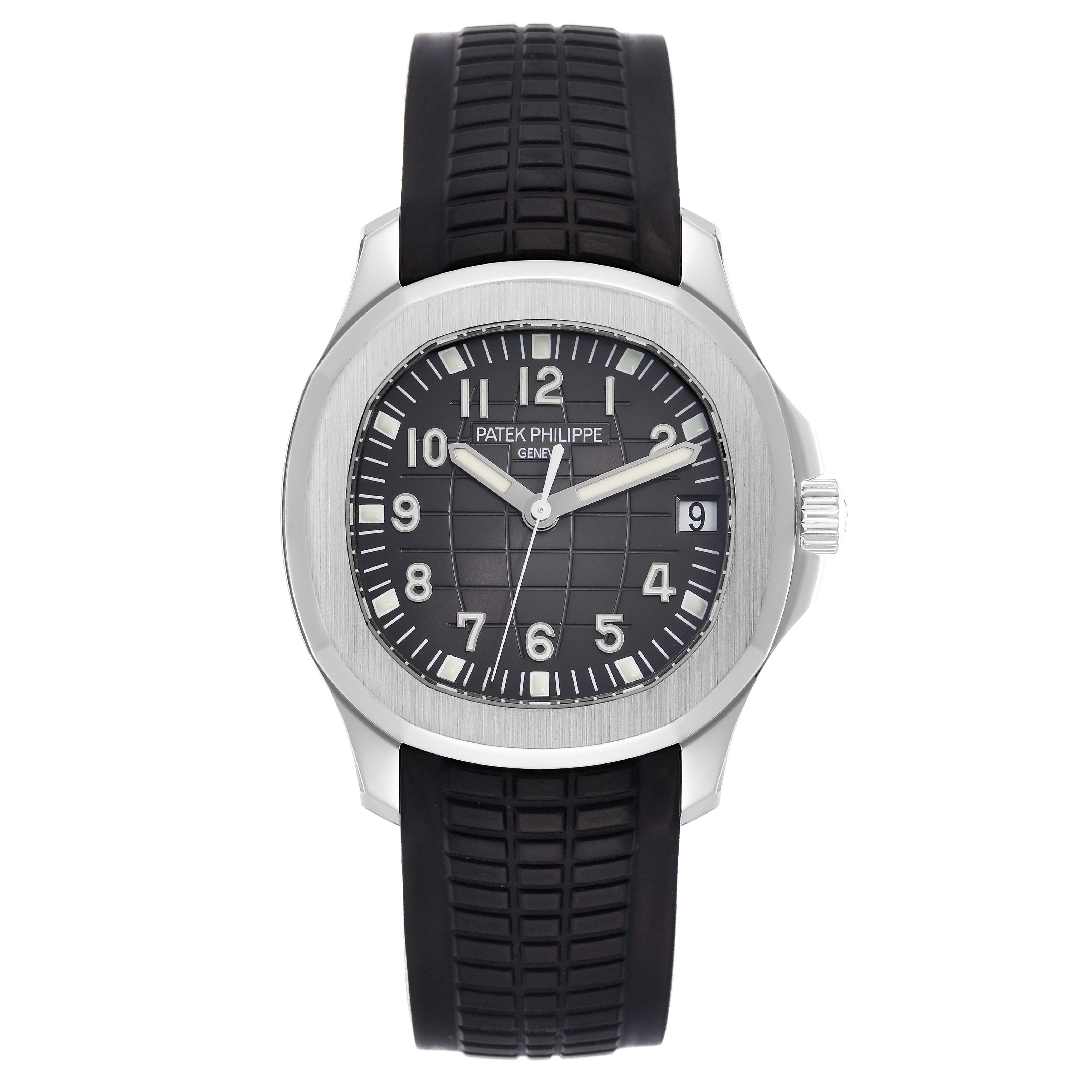 The Patek Philippe Aquanaut 5165A Men
s Stainless Steel Grey Dial watch is shown from a front view, highlighting its dial, bezel, and strap.