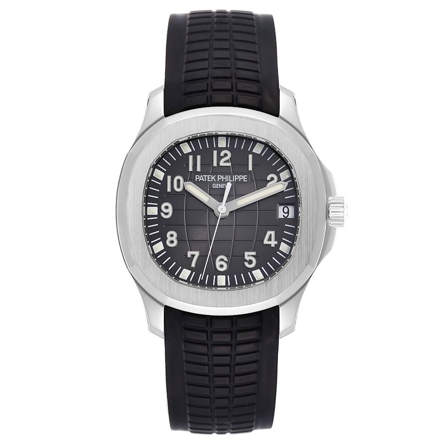 The Patek Philippe Aquanaut 5165A is shown from a top-down angle, displaying the watch face, case, and black rubber strap.
