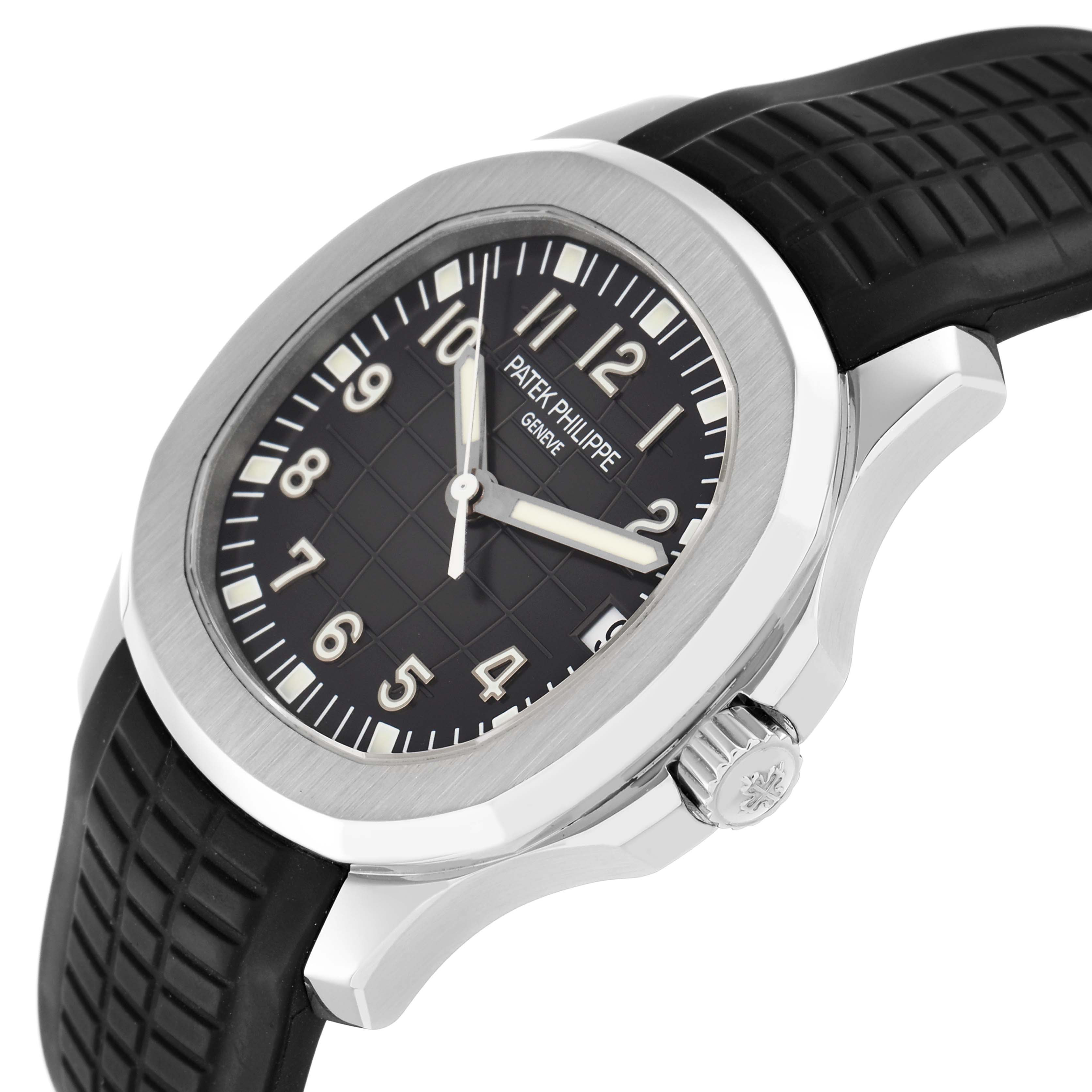 The image shows a Patek Philippe Aquanaut 5165A Men
s Stainless Steel Grey Dial watch from a front-side angle, highlighting the black dial, case, and strap.