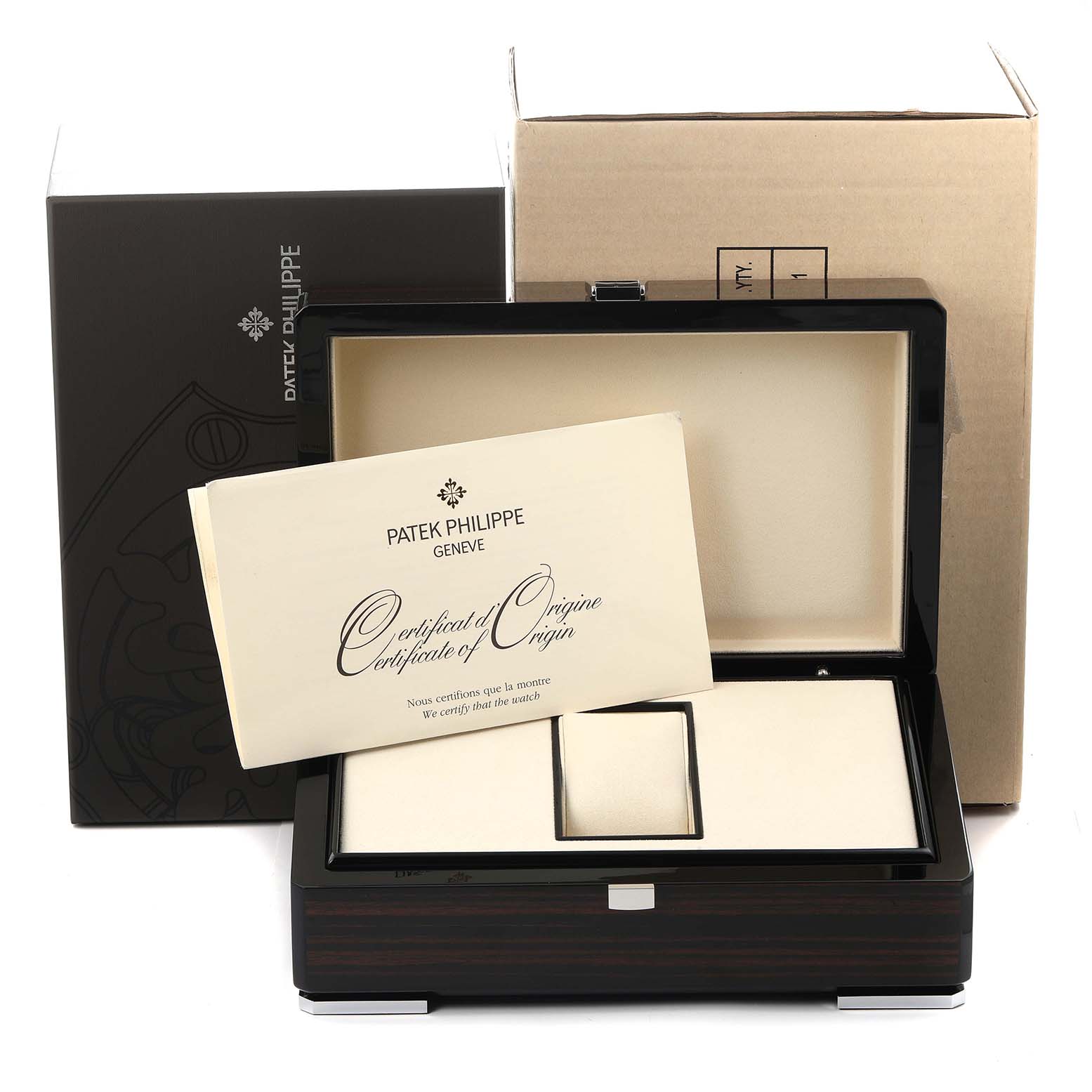 The image shows the Patek Philippe Aquanaut 5165A Men
s Stainless Steel Grey Dial watch box and a Certificate of Origin; the box is open and displayed from the front.
