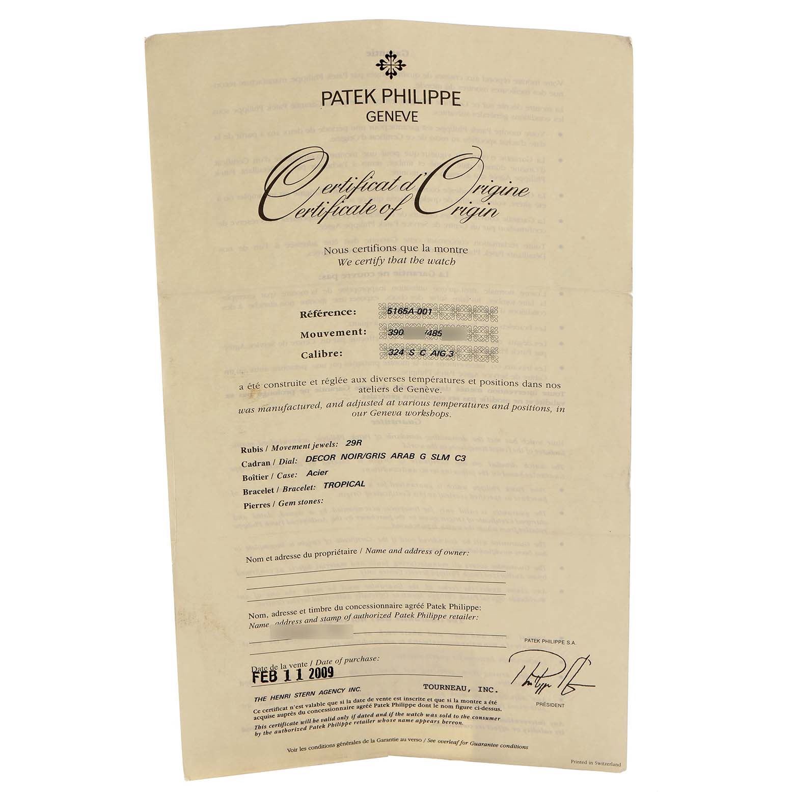 This image shows a "Certificate of Origin" for a Patek Philippe Aquanaut 5165A Men
s Stainless Steel Grey Dial watch, displaying reference and movement details.