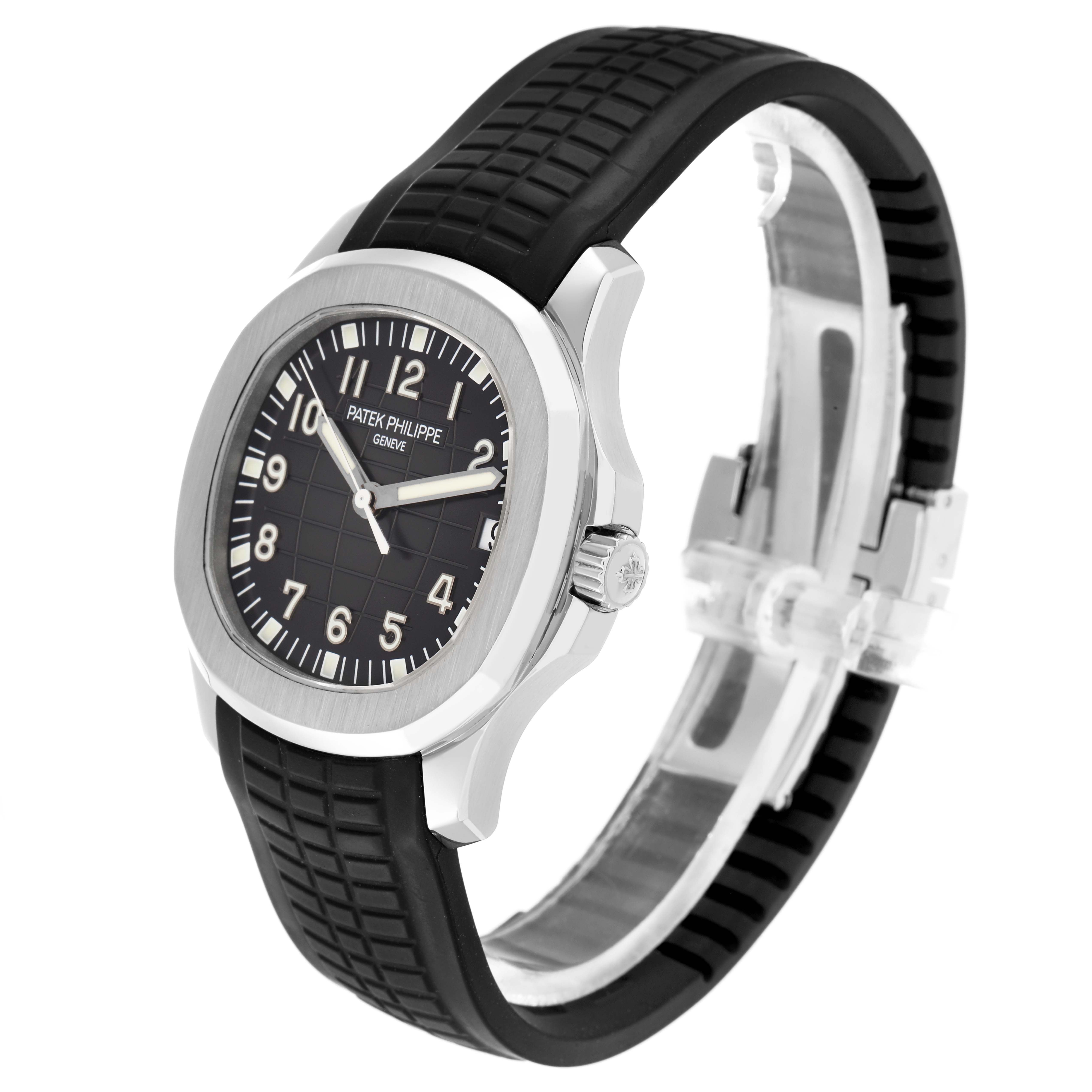 The Patek Philippe Aquanaut 5165A Men
s Stainless Steel Grey Dial watch is shown in a side-front angle, highlighting the dial, bezel, crown, and rubber strap.
